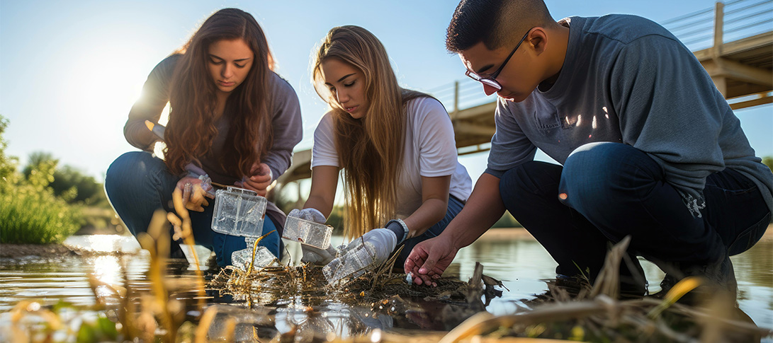 photo: a teacher and two students measure and explore water quality outdoors