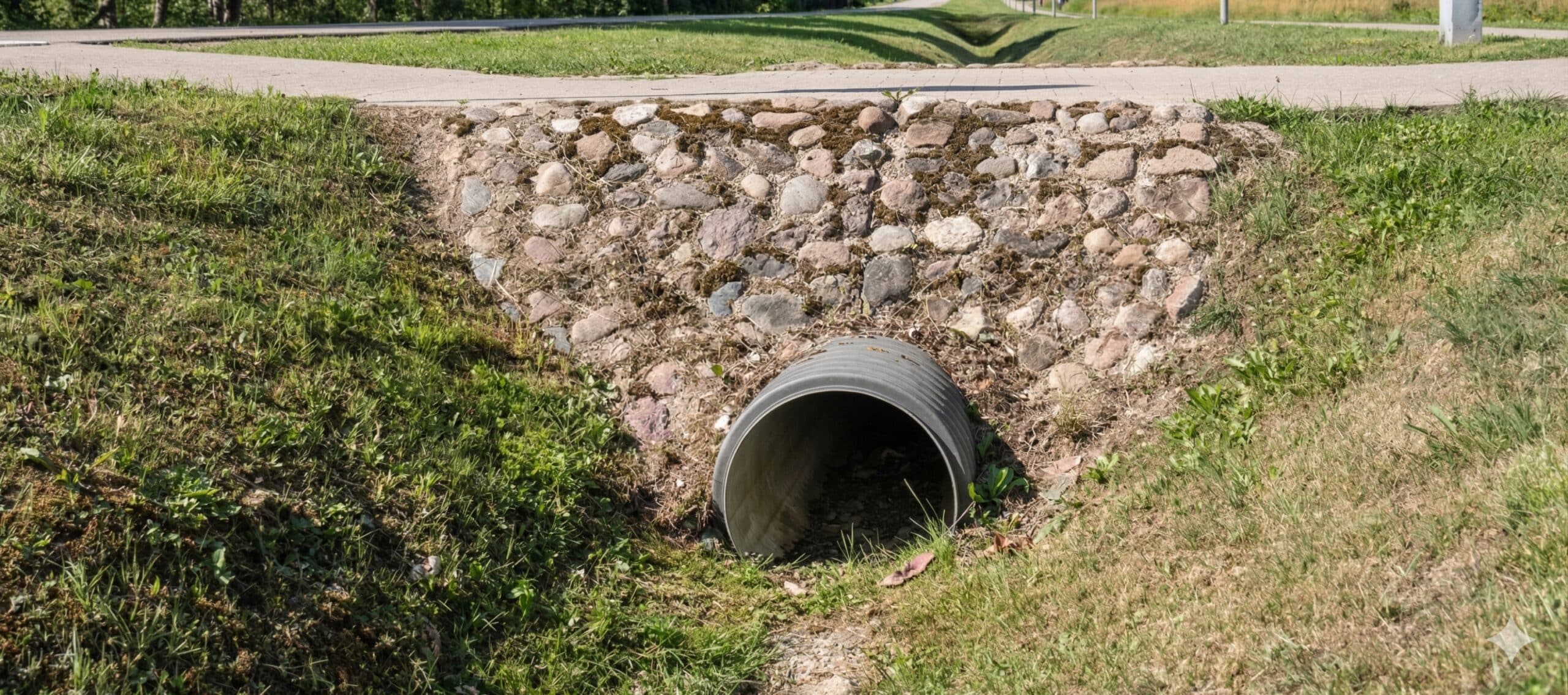 A metal drainage pipe, part of effective stormwater management, runs through a stone embankment beneath a grassy area, allowing water to pass under a paved path.