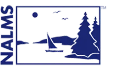 Blue outlined logo features a lake scene with a sailboat, birds, trees, sun, and the word "NALMS" vertically on the left side—reflecting dedication to pond maintenance and healthy water environments.