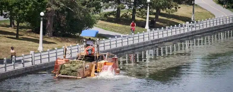 A machine collects aquatic plants from a canal as part of stormwater management while two people walk along the paved path beside the water.