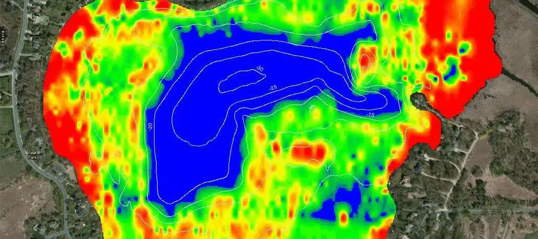 A topographic heatmap shows elevation contours with blue at the center, transitioning to green, yellow, and red at the edges, overlaid on a landscape to support effective pond management.