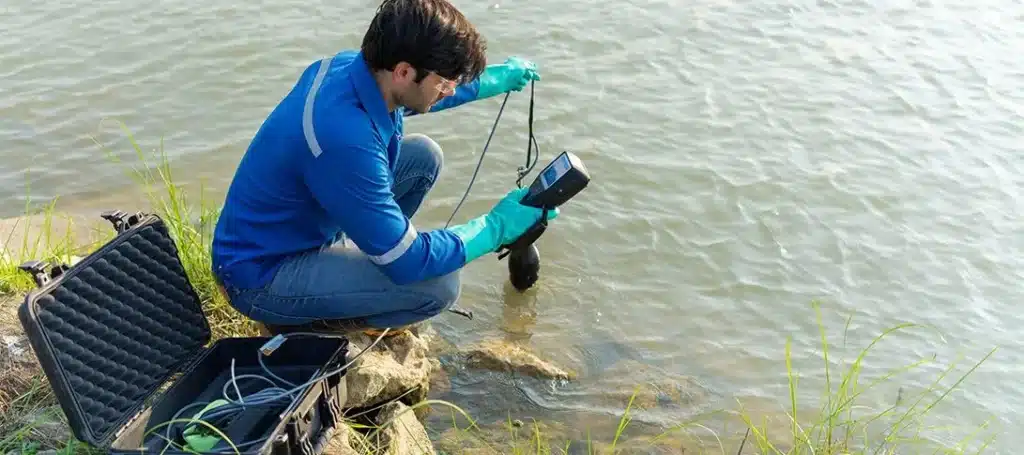 A person wearing gloves uses scientific equipment to take a water sample from a riverbank, supporting stormwater management efforts, with an open equipment case nearby.