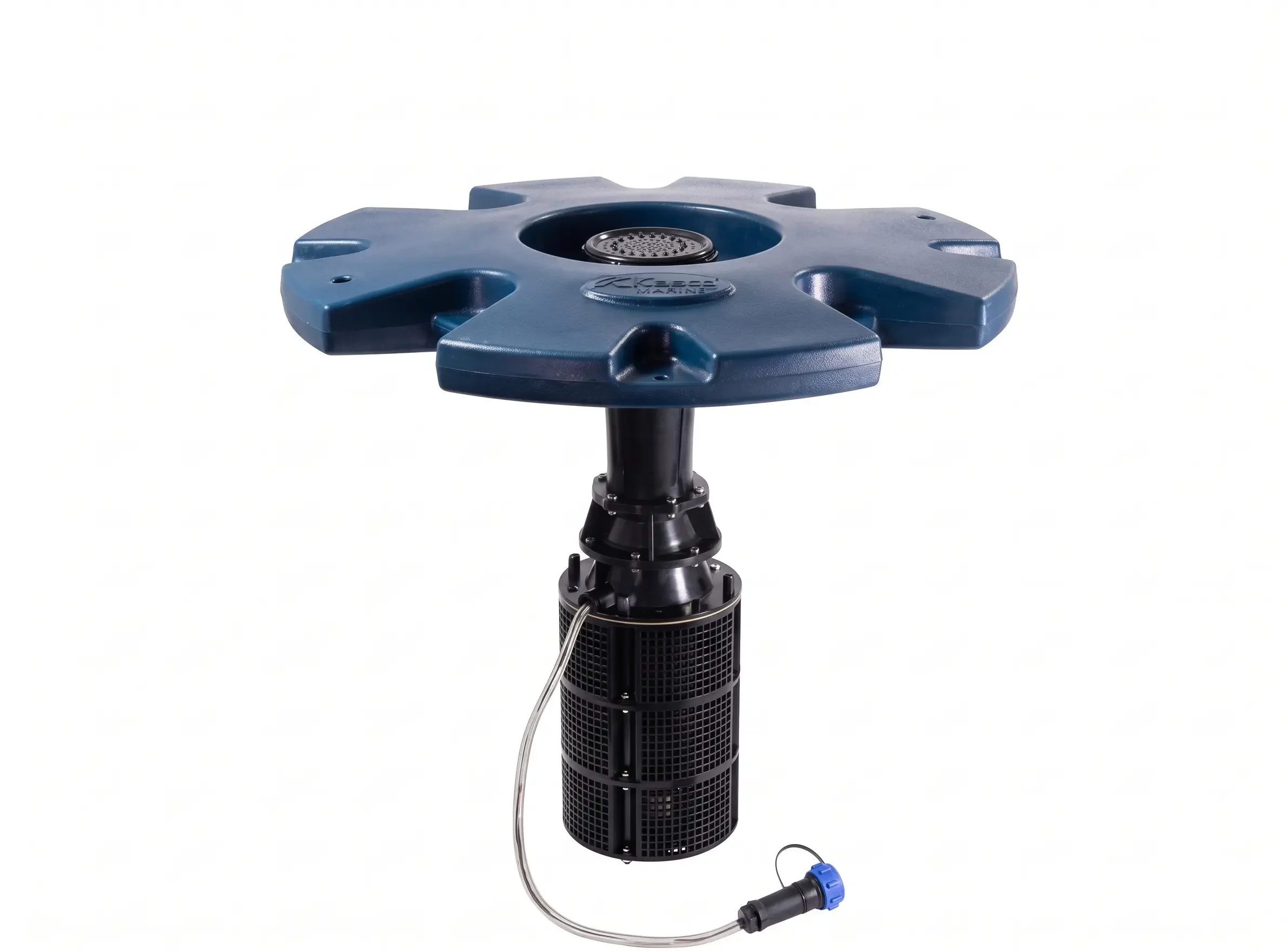 A large blue floating water aerator with a cylindrical black pump and attached cable, isolated on a white background.