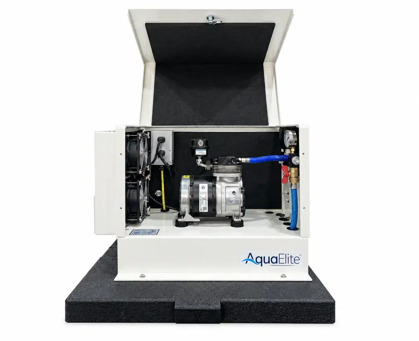 White industrial compressor unit with an open top, revealing internal components and labeled “AquaElite” on the front, placed on a black cushioned platform.
