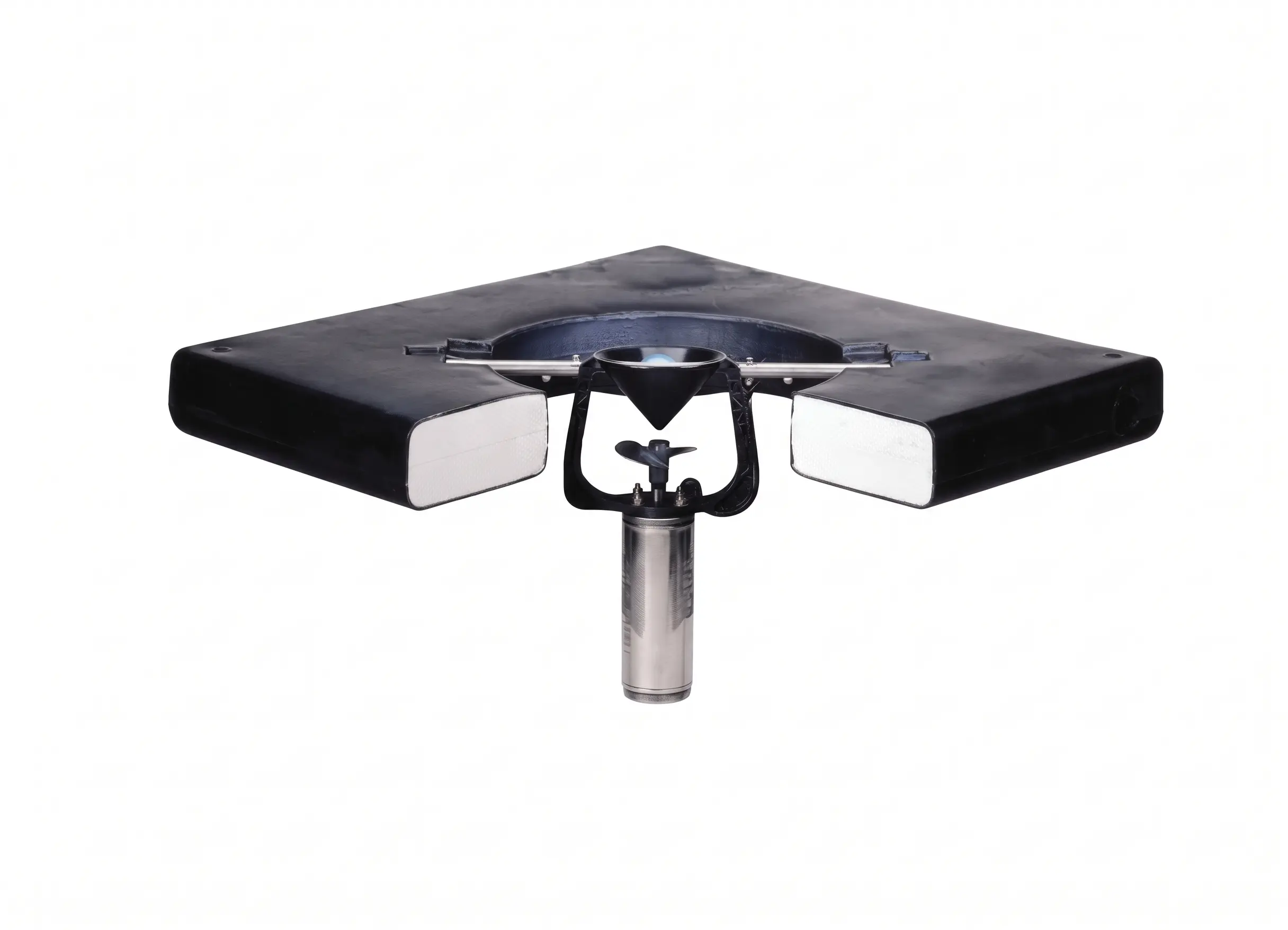 A rectangular black and silver laboratory apparatus with a circular center and cylindrical base, photographed against a plain white background.