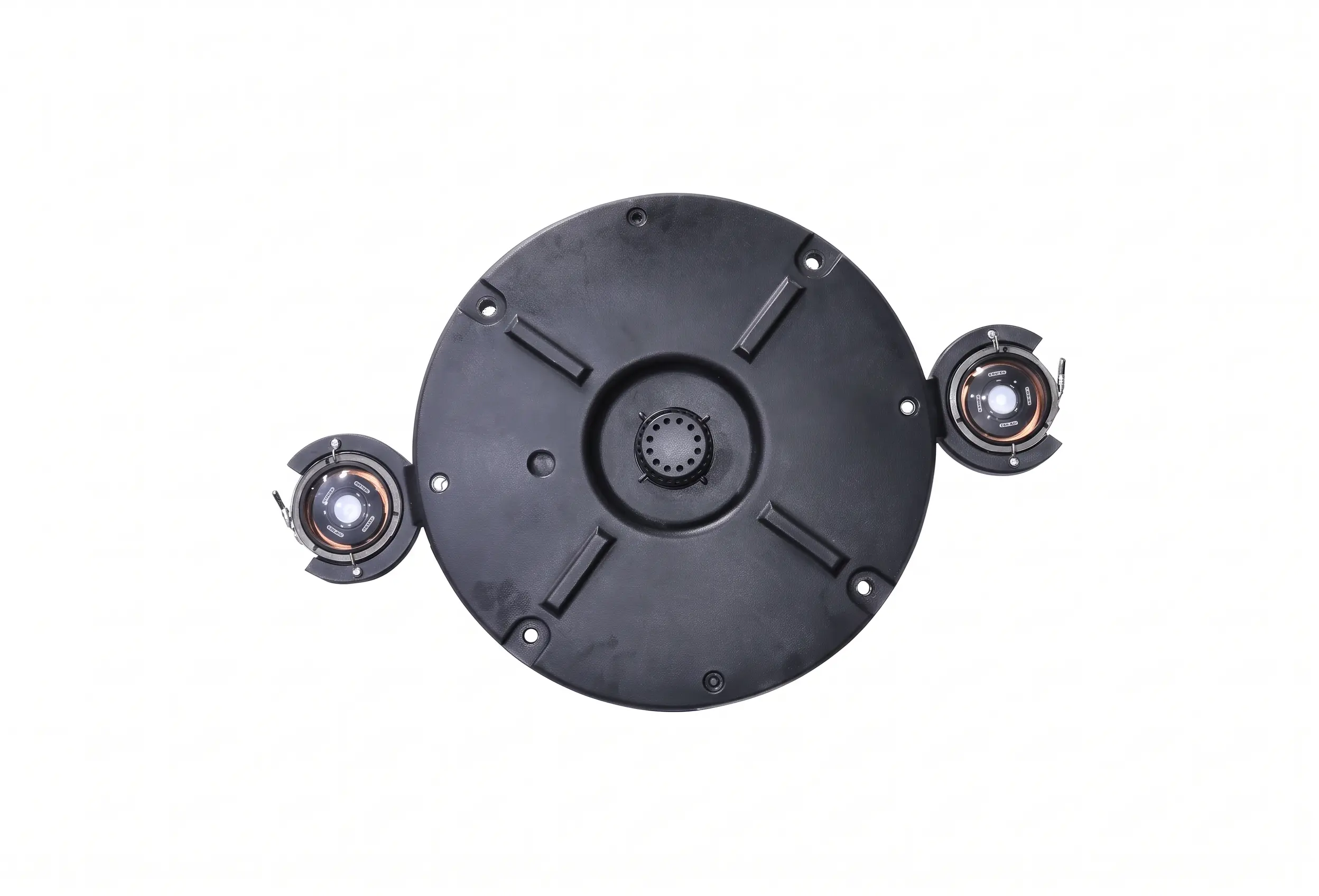 Black circular mechanical component with two smaller round parts attached symmetrically on opposite sides, against a white background.