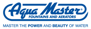 Aqua Master Fountains and Aerators logo with the slogan “Master the power and beauty of water” in blue text on a light background.