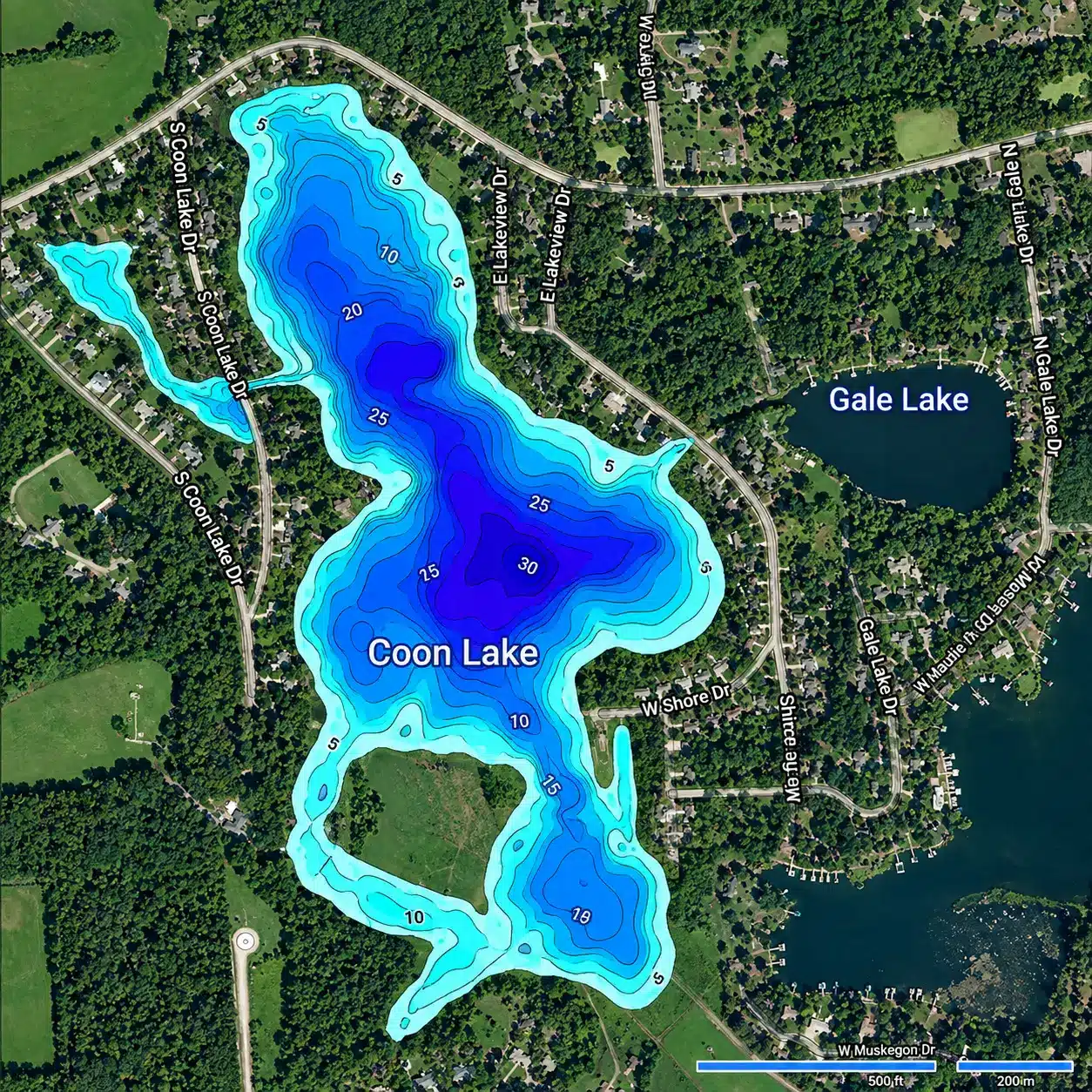 A contour depth map of Coon Lake with marked depth values in feet, surrounded by residential areas and showing nearby Gale Lake to the east.
