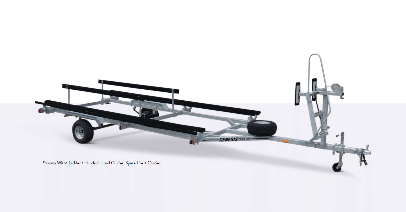Boat trailer with metal frame, twin axles, padded bunks, spare tire, ladder, and winch, designed for transporting boats.