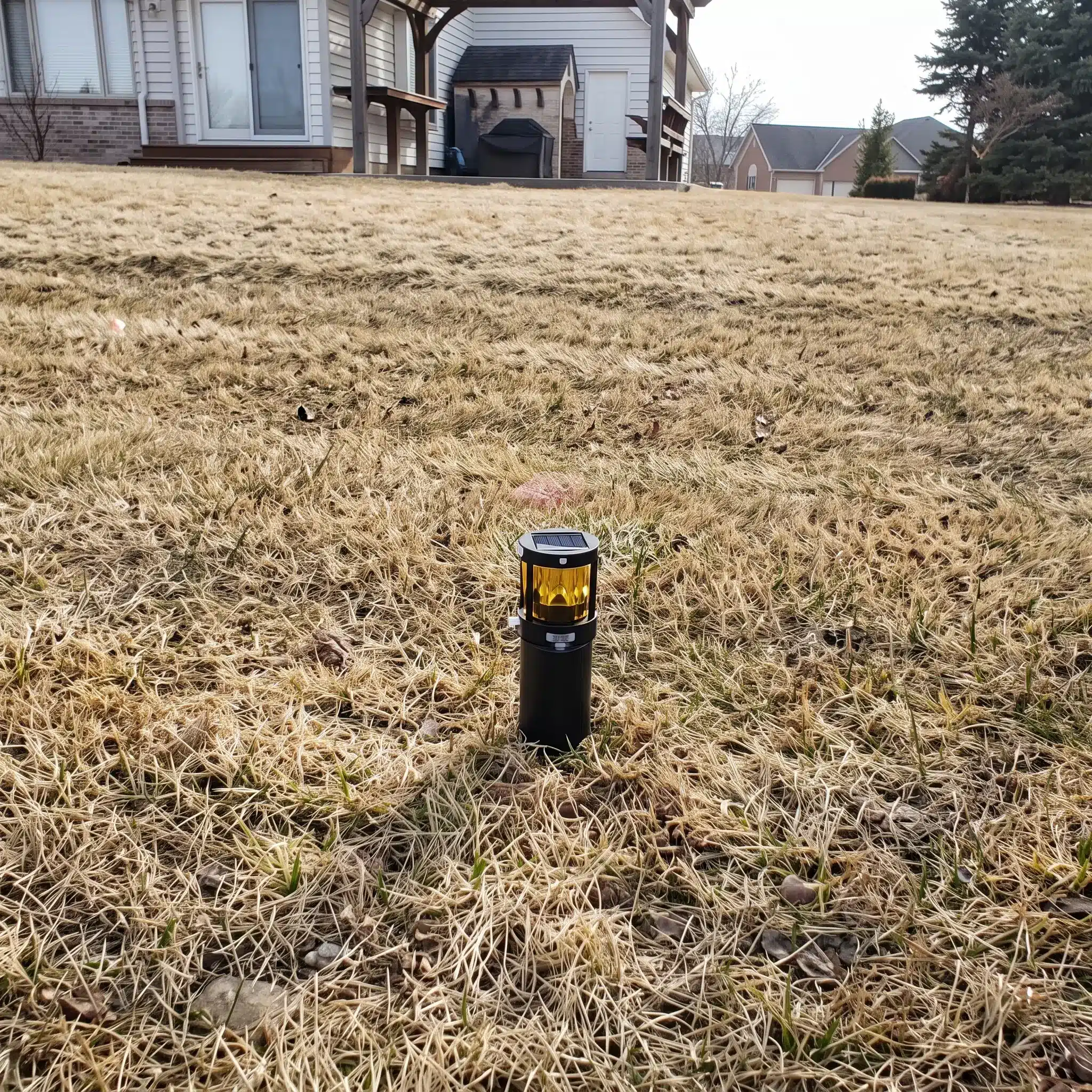 A small black outdoor light is installed in dry grass, with houses and trees visible in the background on an overcast day.