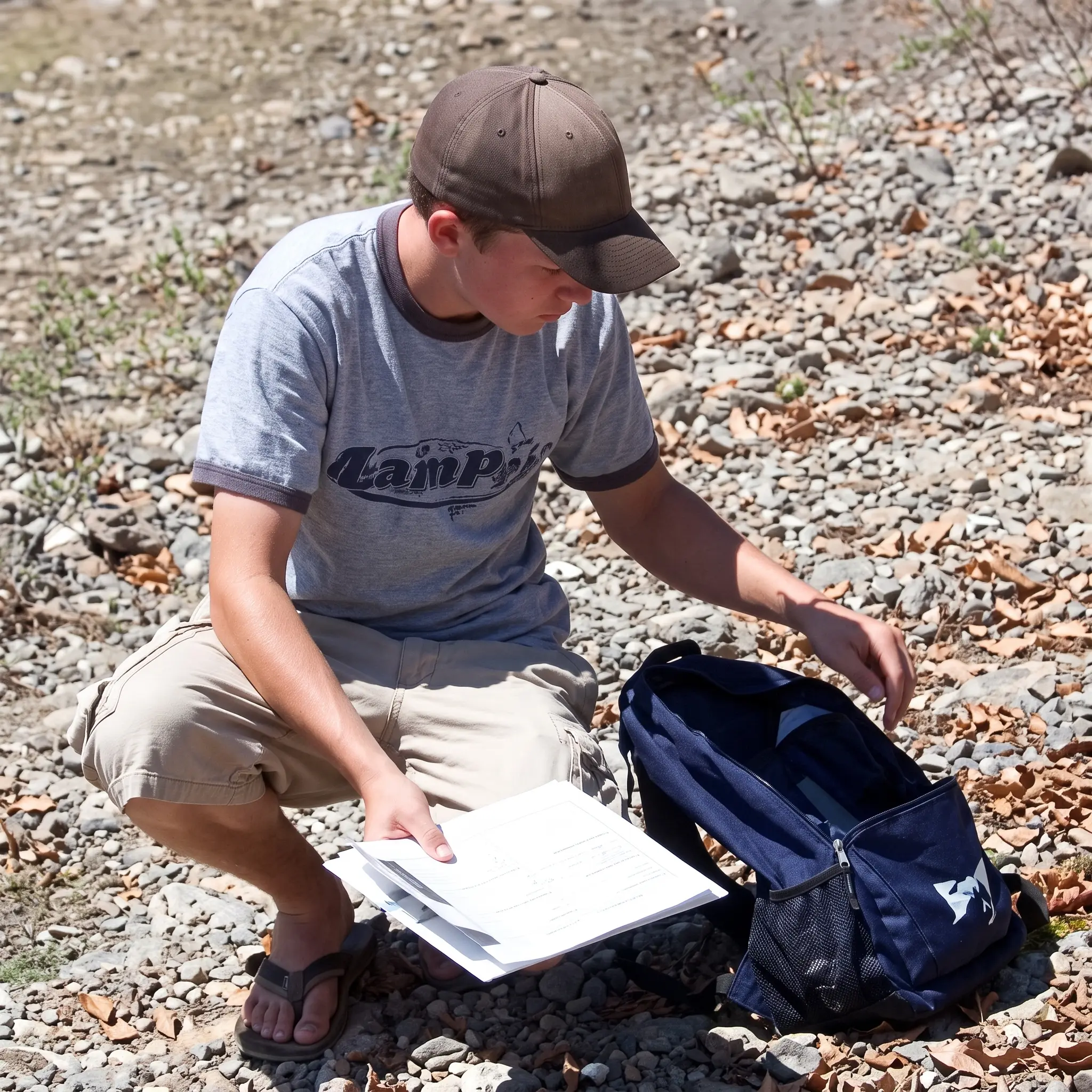 A person in a gray shirt and cap kneels on rocky ground, holding papers in one hand and opening a blue backpack with the other.