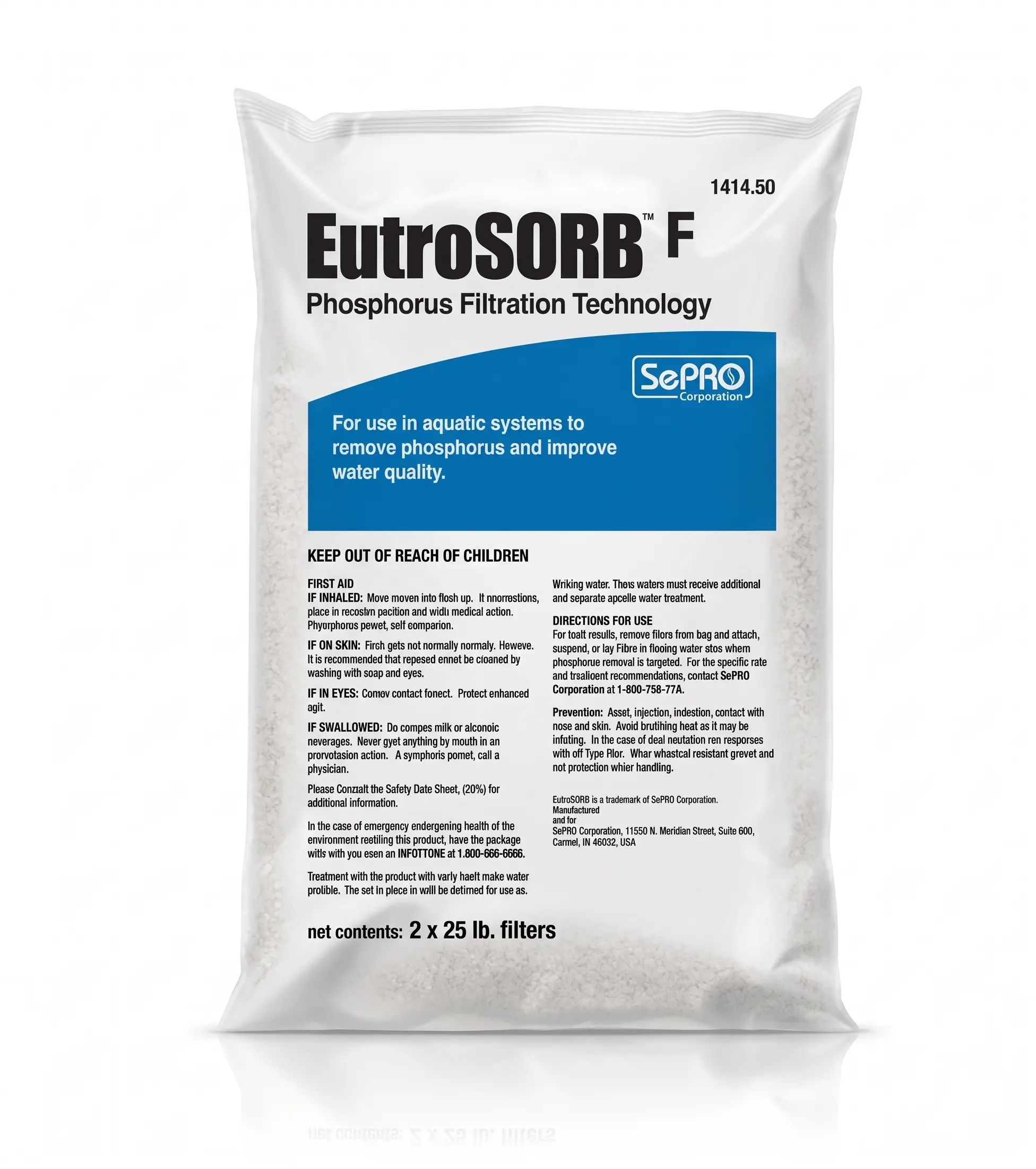 A sealed bag labeled “EutroSORB F Phosphorus Filtration Technology” with safety, usage instructions, and SePRO logo; contains 2 x 25 lb. filters for aquatic phosphorus removal.