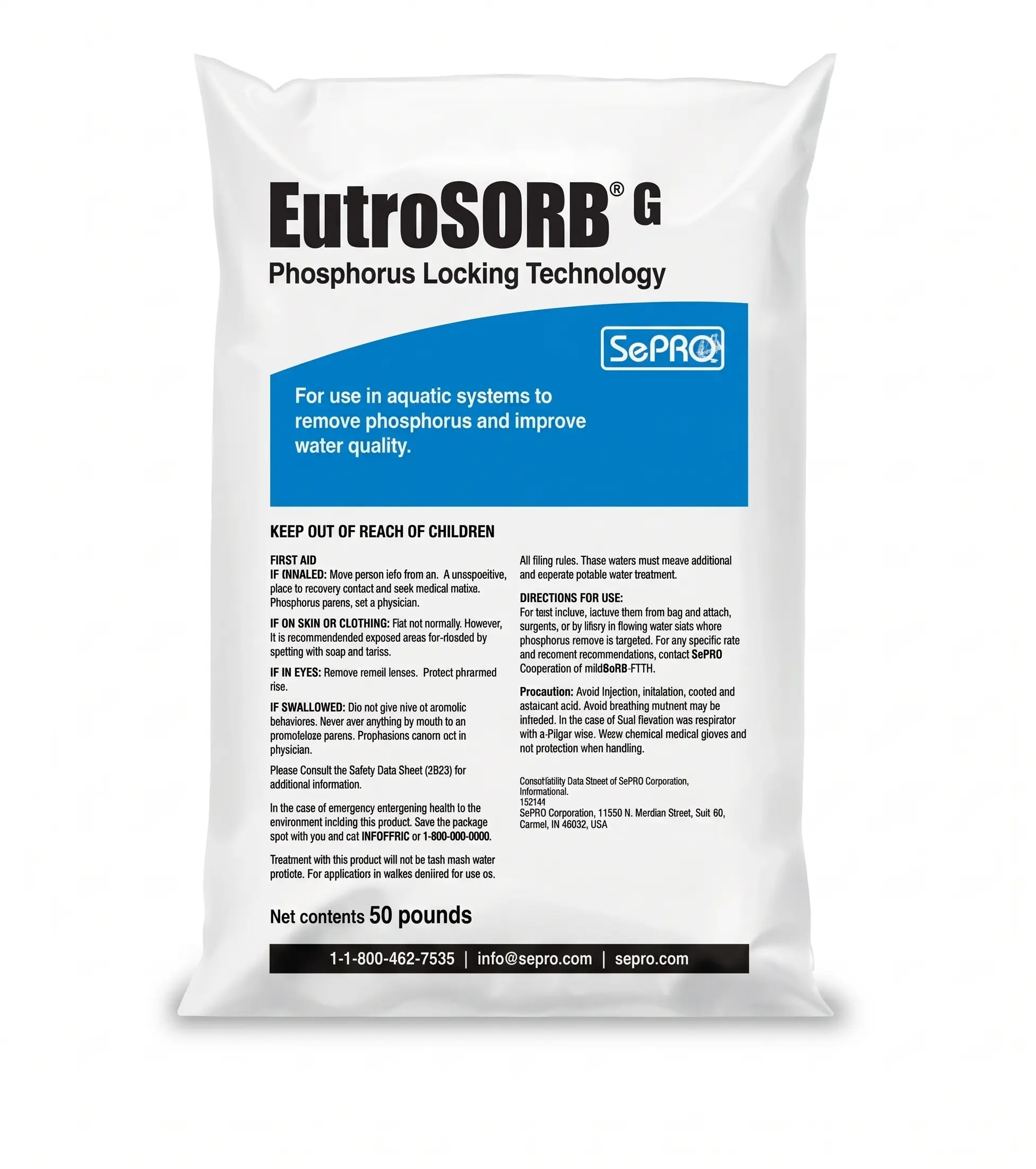 A 50-pound white bag of EutroSORB G with phosphorus locking technology, labeled for aquatic systems use, displaying product details, safety instructions, and contact information.