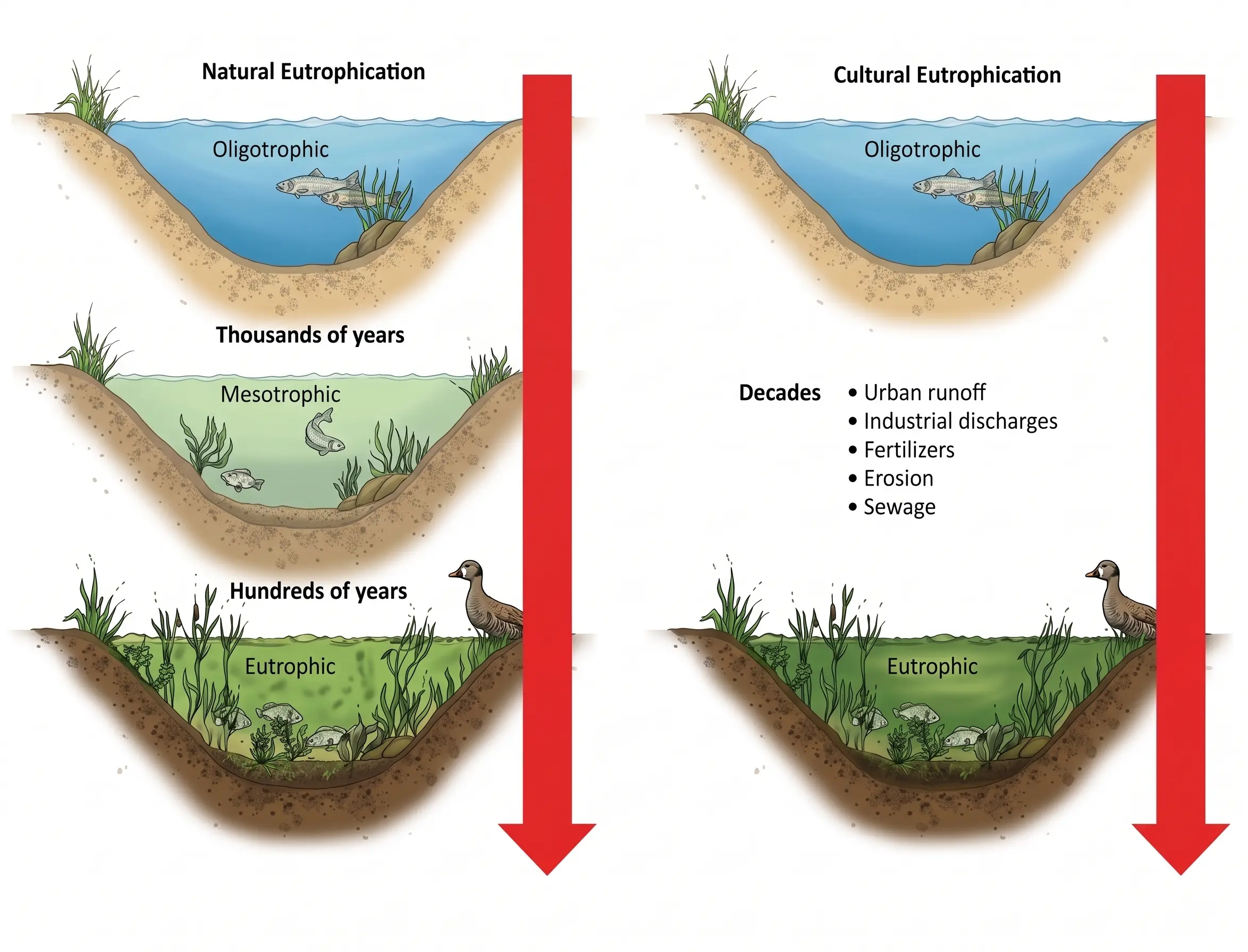 Diagram comparing natural and cultural eutrophication, showing water bodies becoming nutrient-rich over time due to different factors, with arrows indicating time progression.