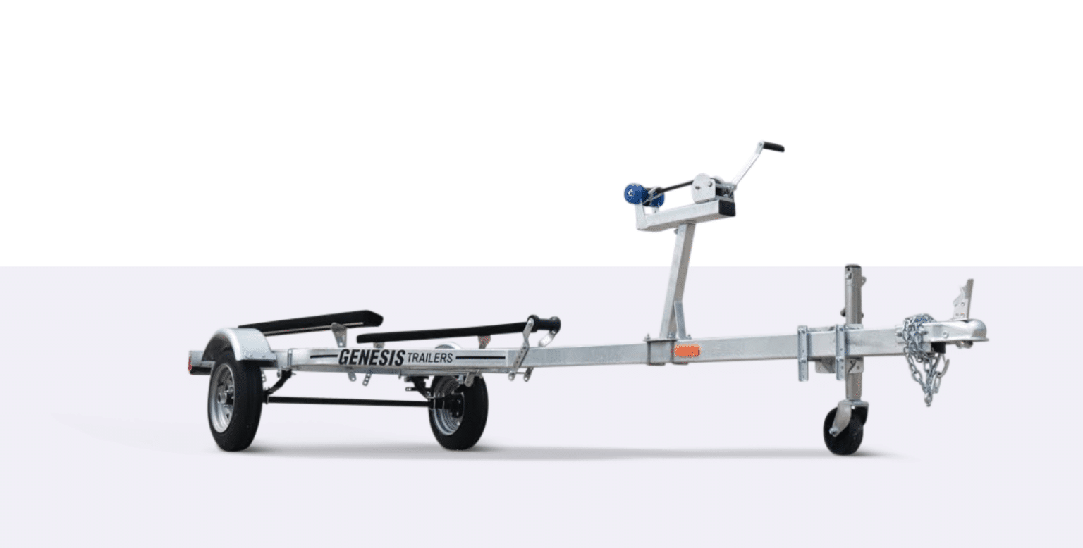 Single-axle Genesis boat trailer with a winch, support rollers, and metal frame, shown on a plain white background.
