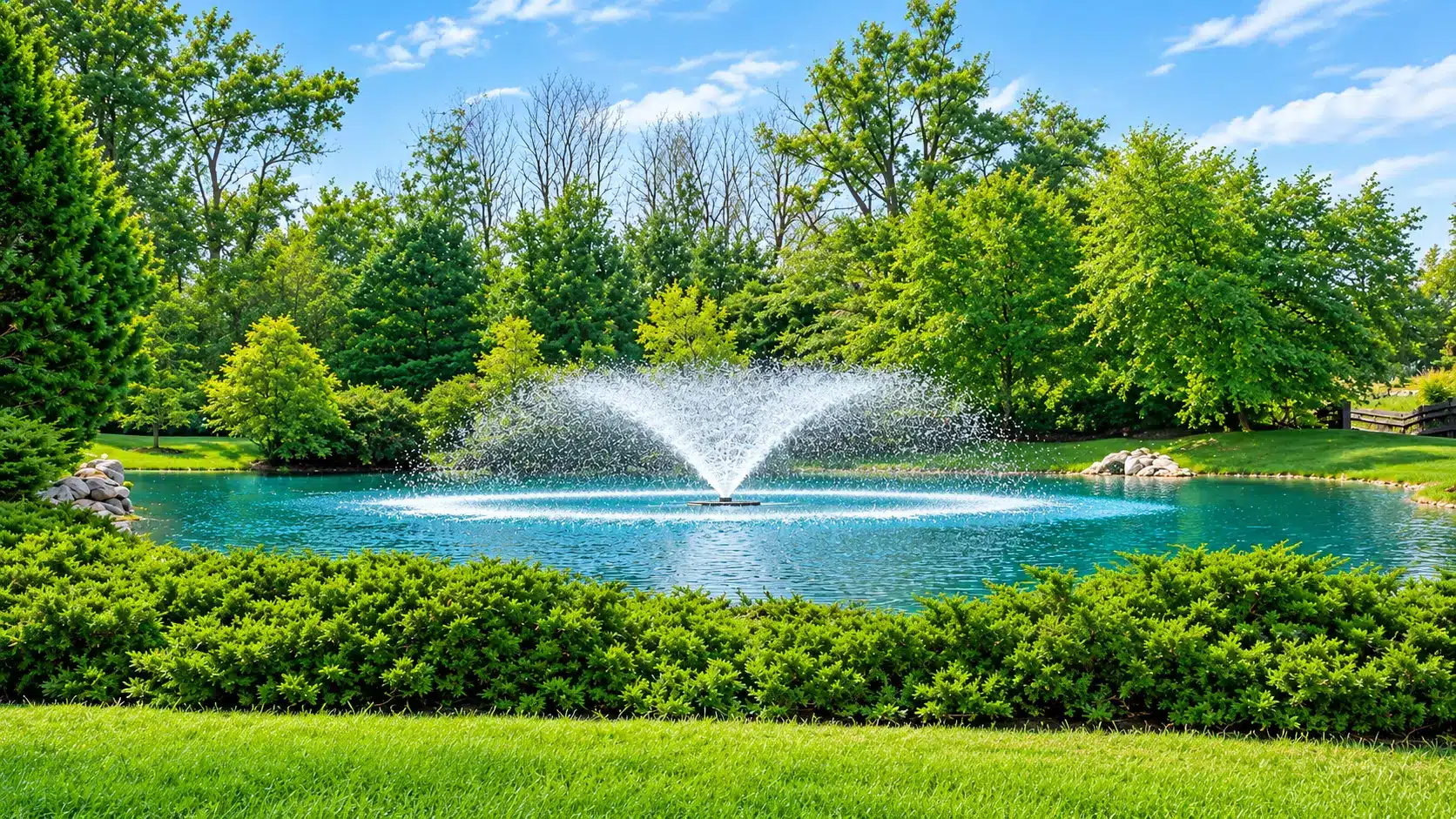 A circular fountain sprays water in the center of a pond, surrounded by green grass, bushes, and trees under a blue sky with scattered clouds.