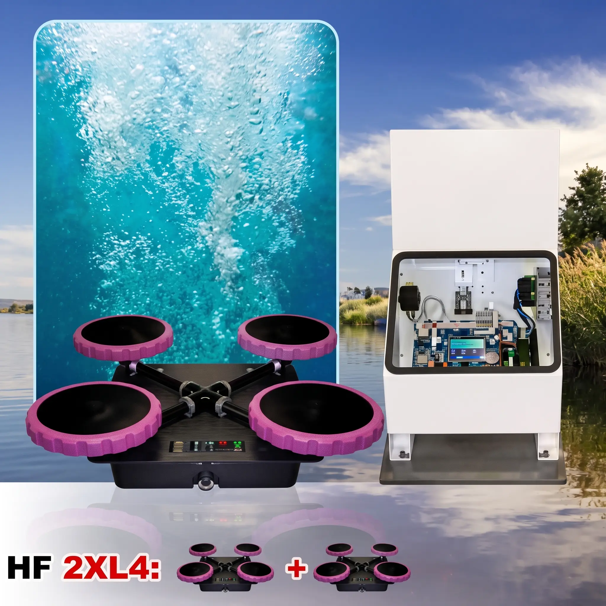 A water sample analysis device with pink circular components and internal circuitry on display, set against a lake backdrop with an underwater view.