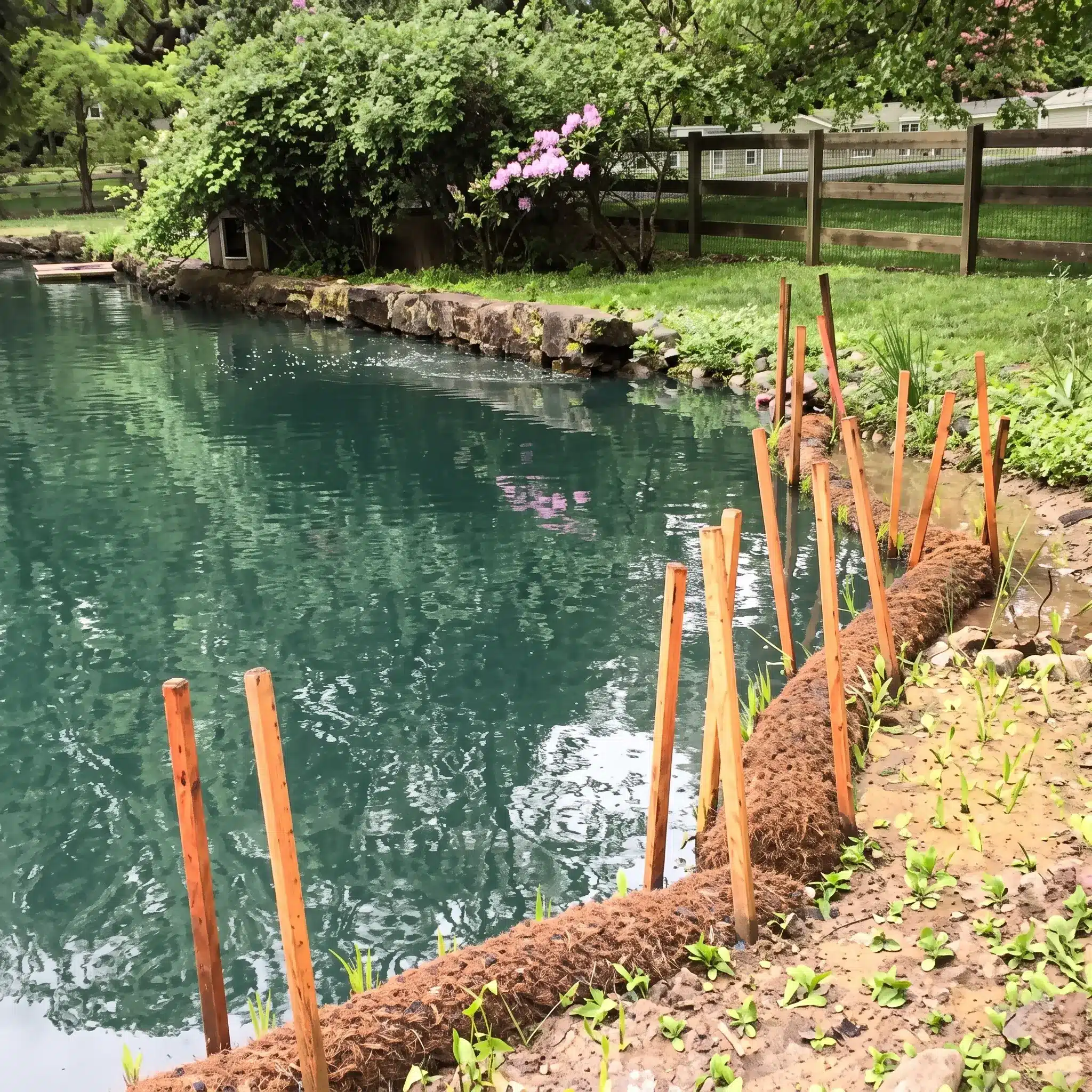 A pond with a coir erosion control log, wooden stakes, and young plants along the bank. There is a fence, bushes, and blooming flowers in the background.