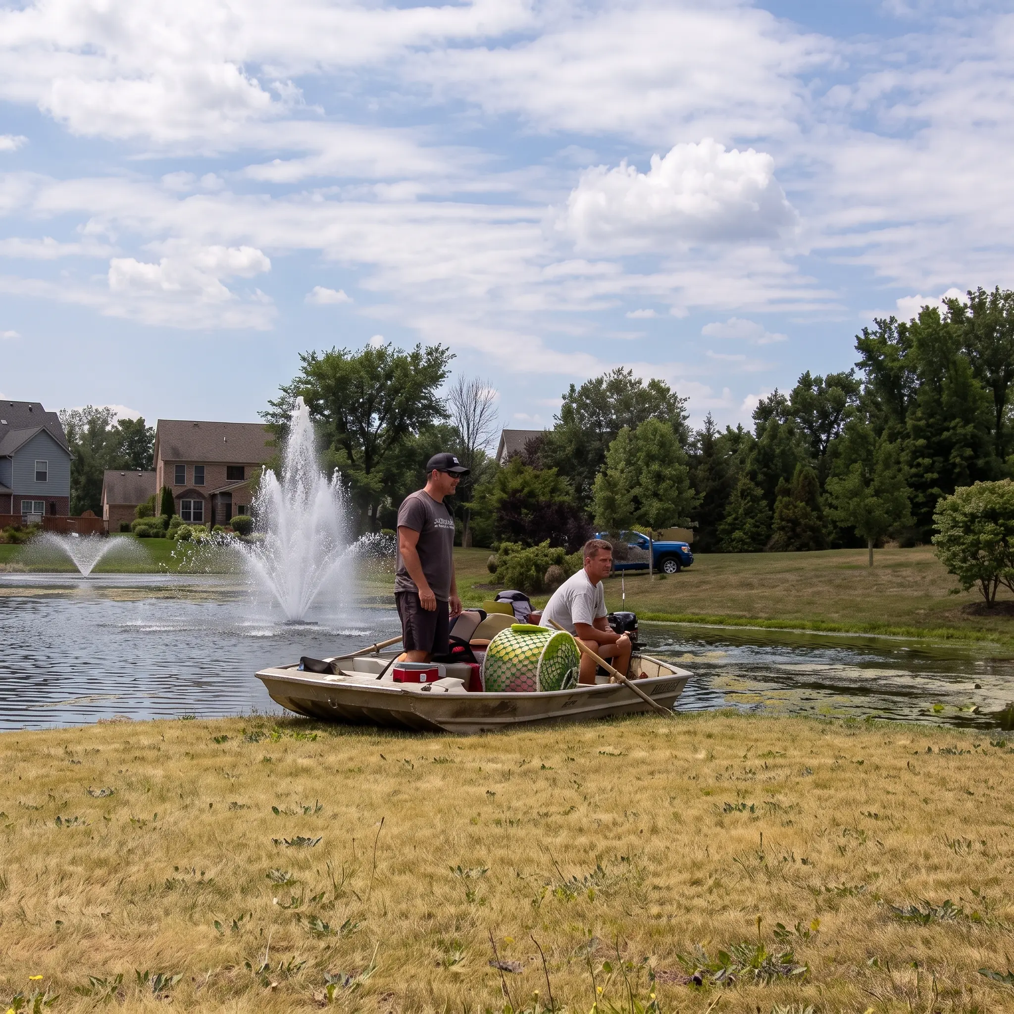 Two men in a small boat rest near the shore of a pond with fountains, in a suburban neighborhood with houses and trees in the background.