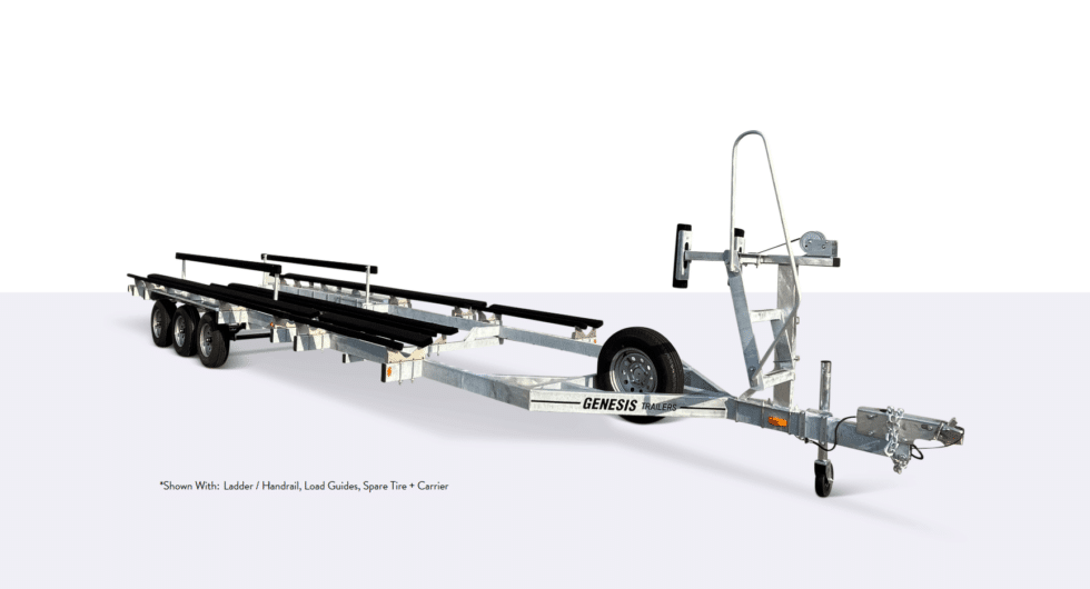 Triple-axle aluminum boat trailer with black padded supports, winch stand, ladder, and spare tire carrier, shown on a plain white background.