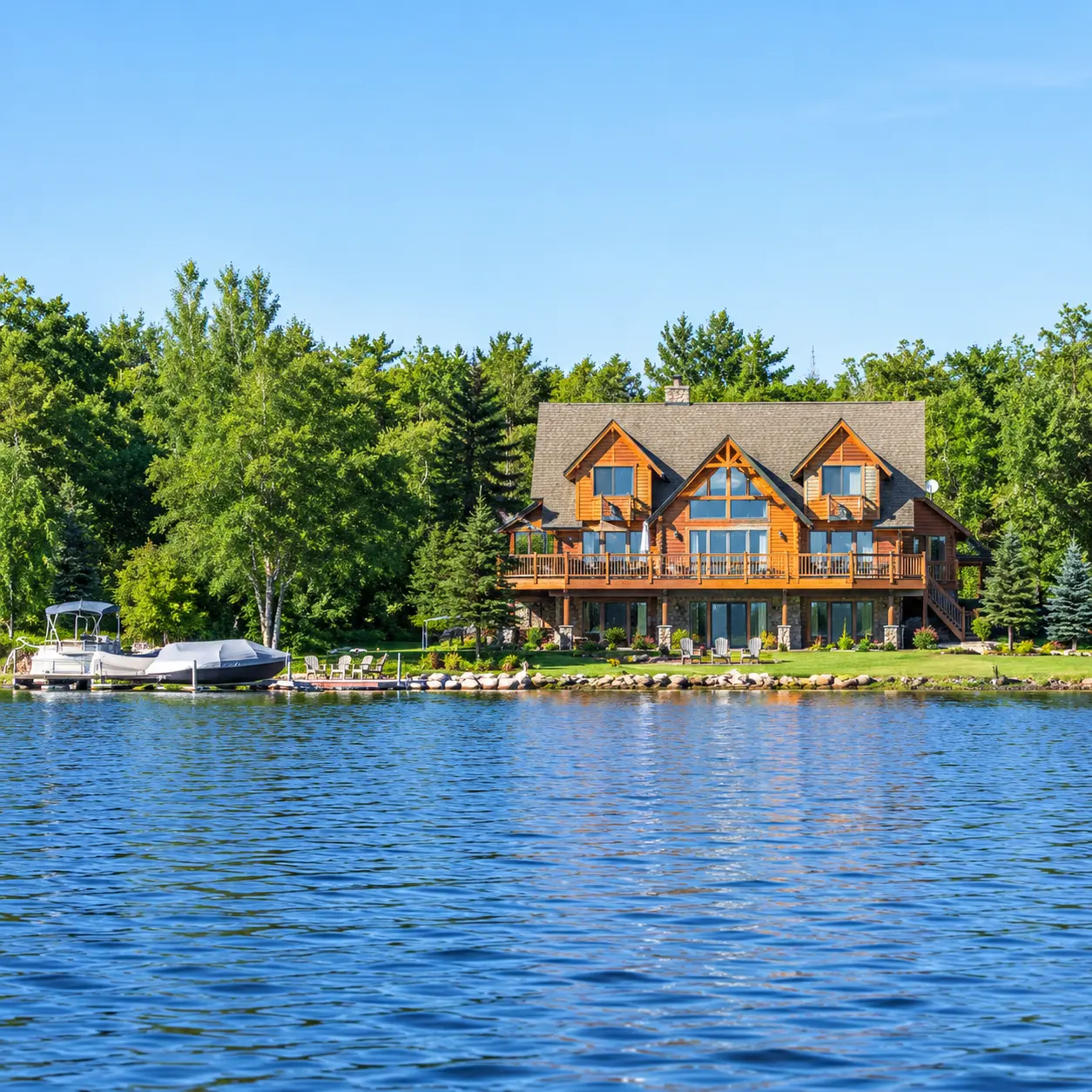 Lakeside wooden house with large windows, multiple balconies, and a dock with boats, surrounded by trees under a clear blue sky.