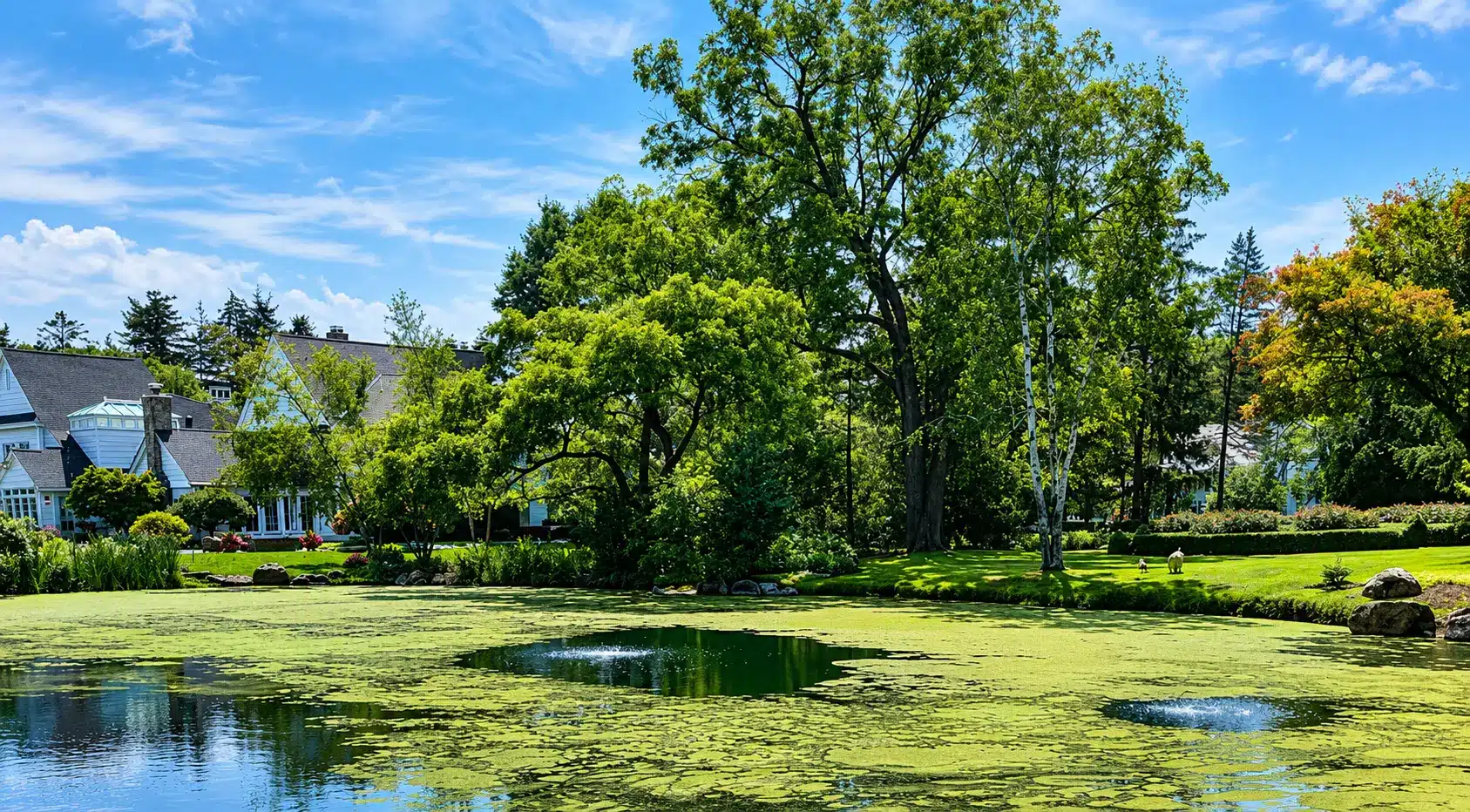 A pond with green algae, surrounded by grass, trees, and a large house in the background under a partly cloudy sky.