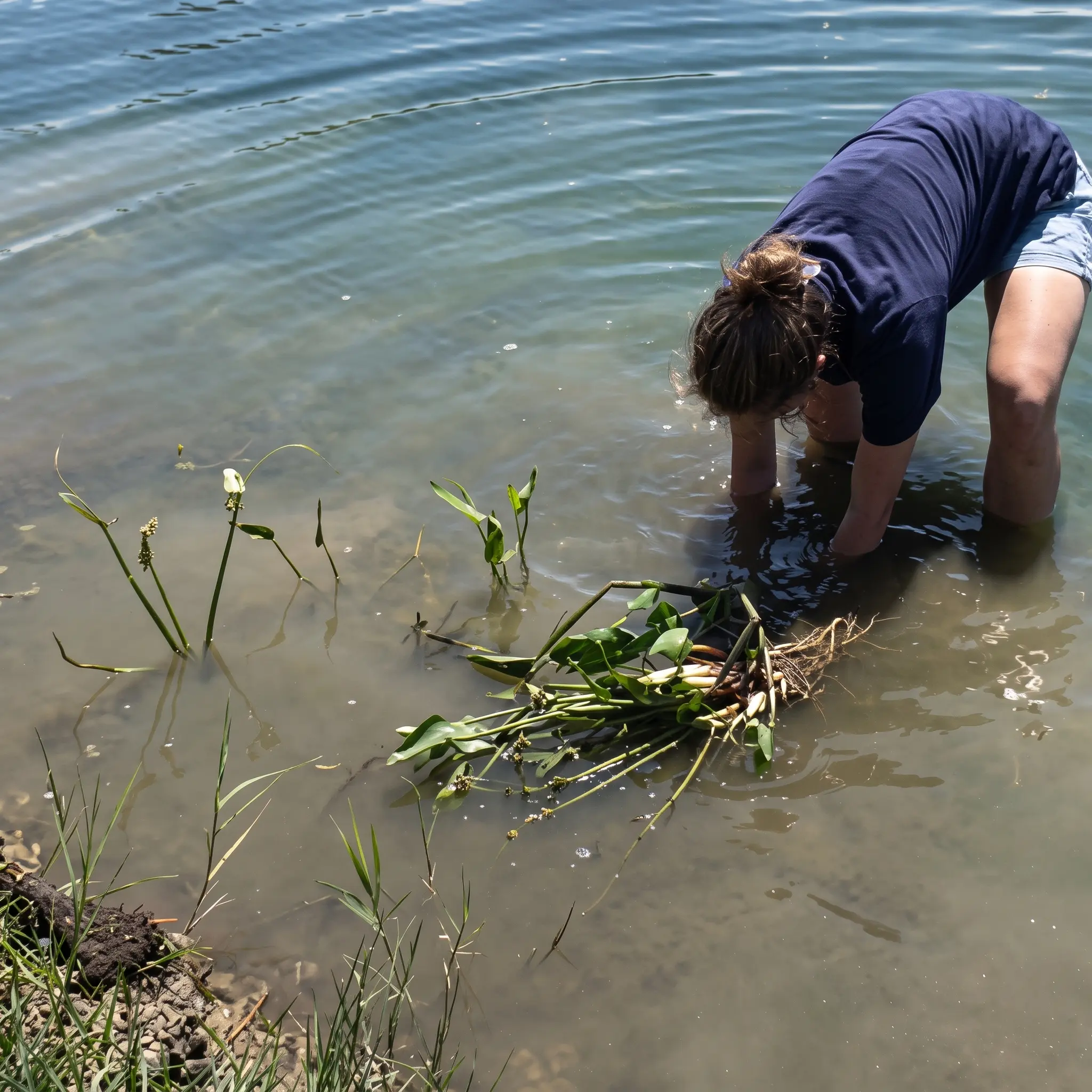 Person wearing a navy shirt and shorts bends over in shallow water near the shore, handling aquatic plants with exposed roots.