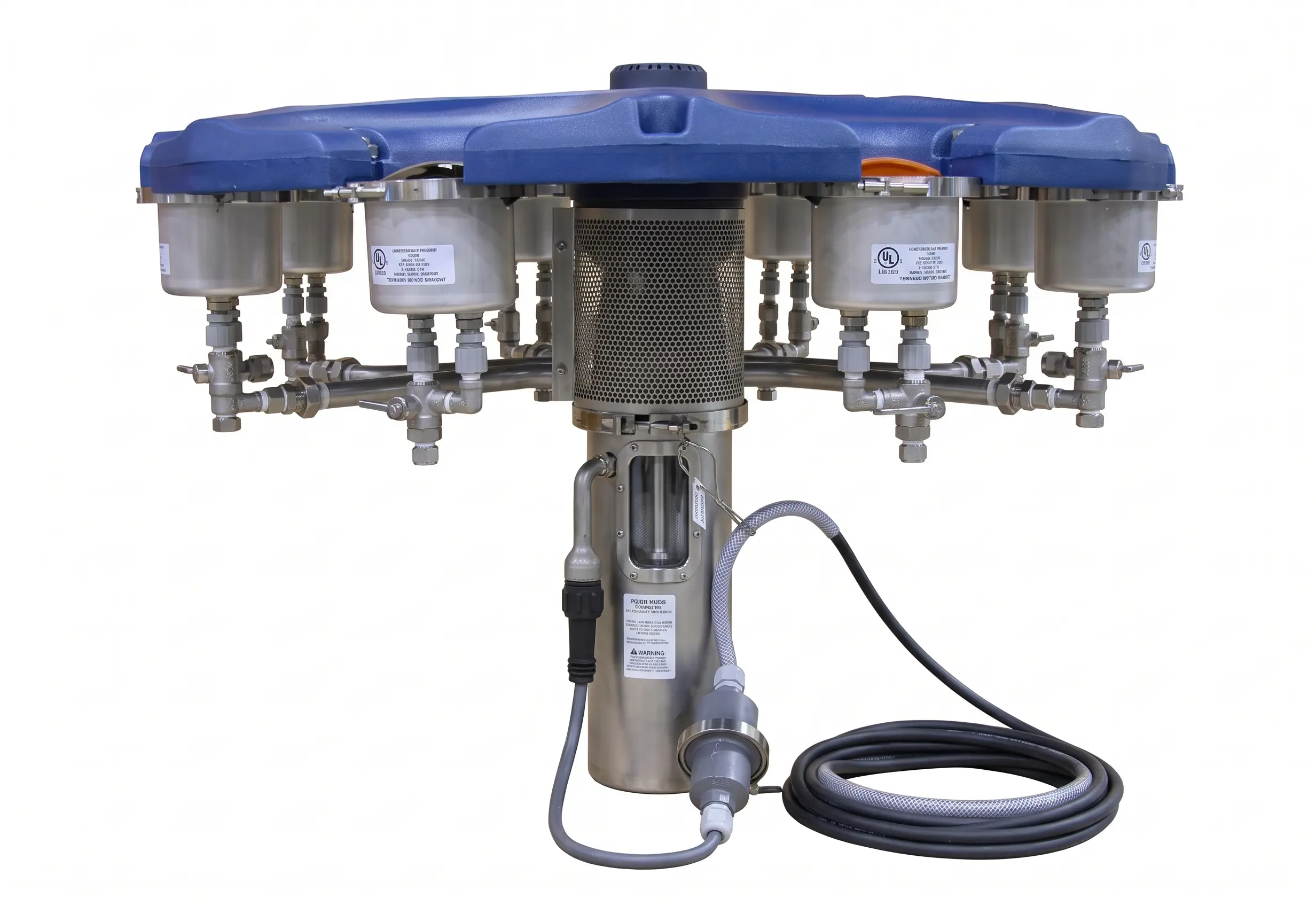 Laboratory instrument with a blue top, multiple cylindrical containers, metal base, various valves, and an attached black cable on a white background.