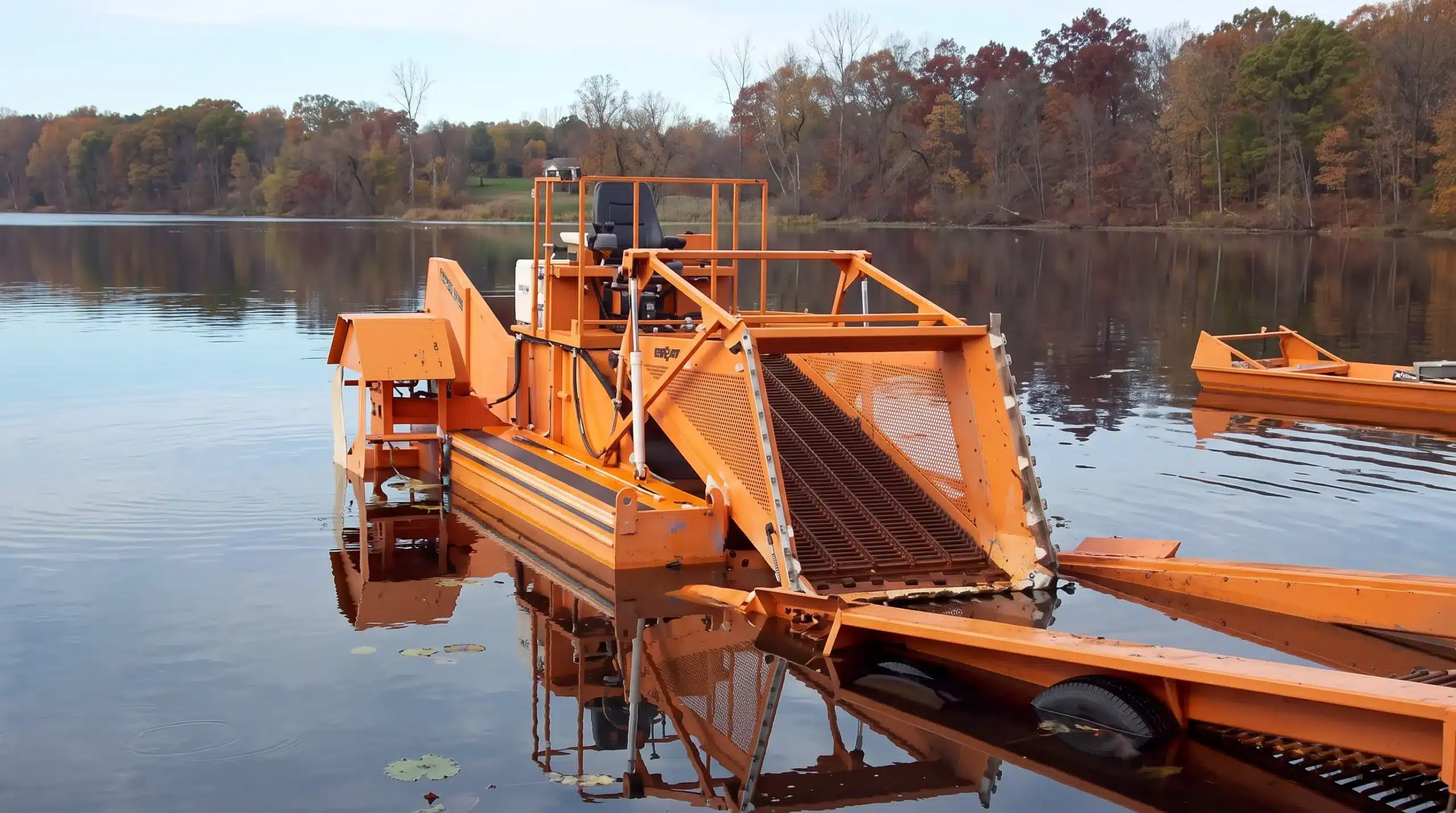 An orange aquatic weed harvester floats on a calm lake, surrounded by autumn trees with colorful leaves.