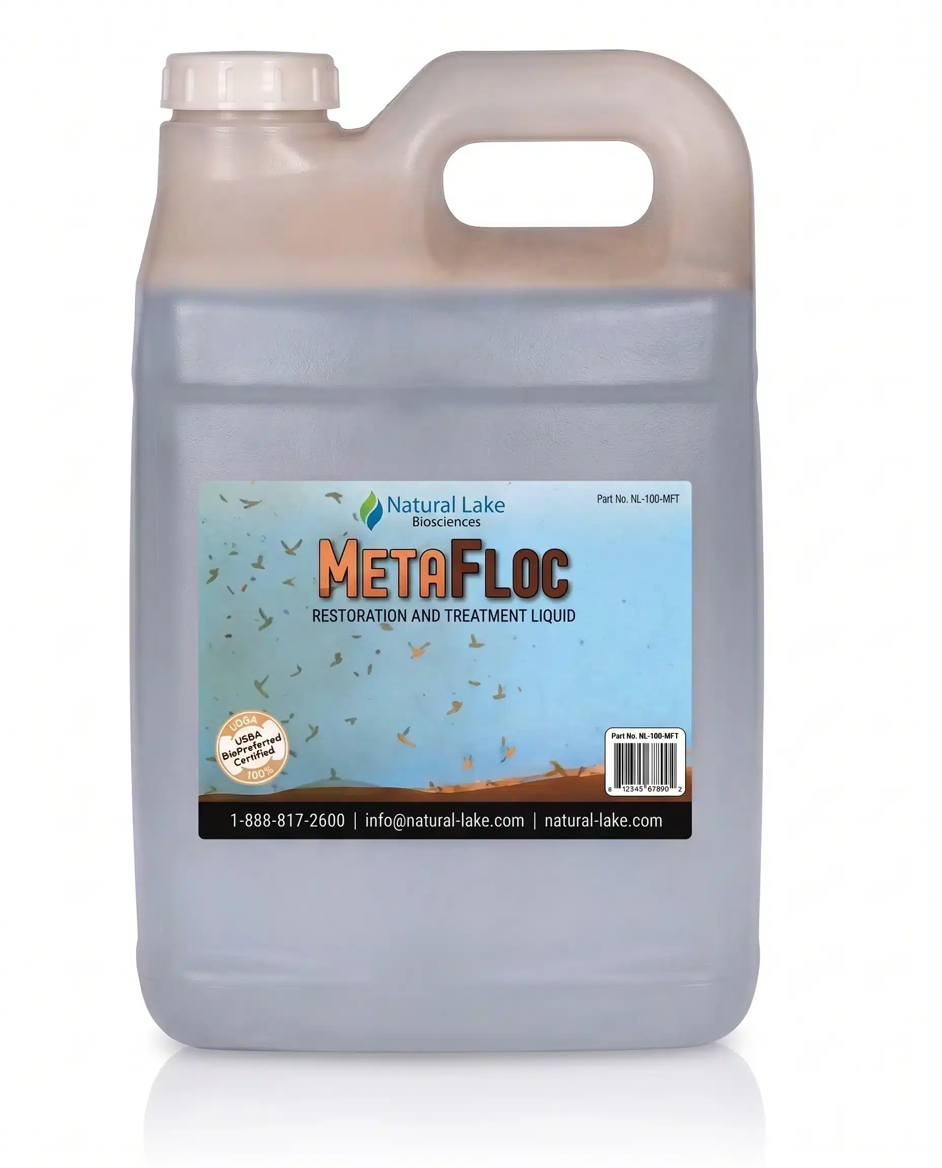 A plastic container labeled “MetaFloc Restoration and Treatment Liquid” from Natural Lake Biosciences, with product details and contact information on the label.