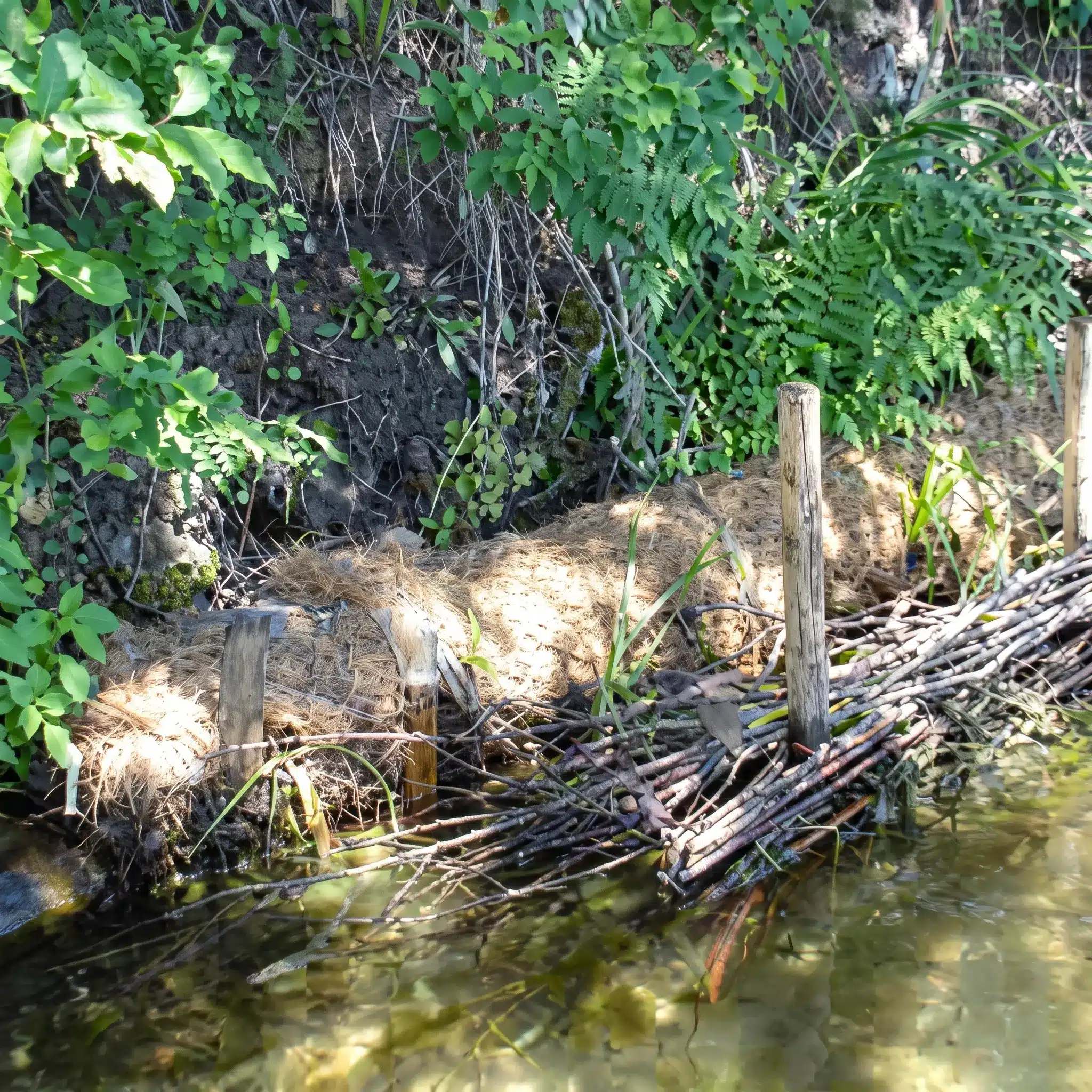 A streambank is stabilized with wooden stakes, a coconut fiber roll, and woven sticks beside clear water and dense green vegetation.