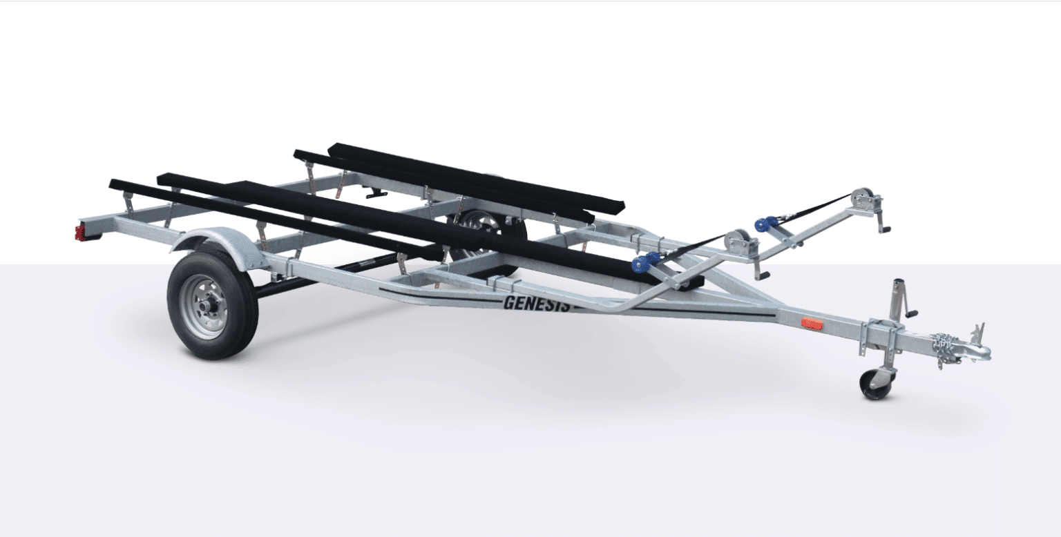 Single-axle metal boat trailer with black padded rails, labeled “GENESIS,” featuring a front winch, small wheel, and reflectors. The trailer is empty and shown against a plain background.