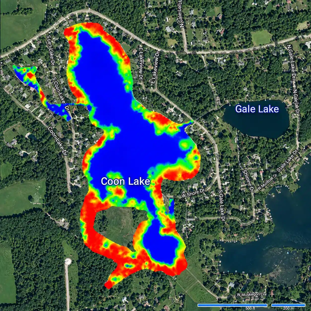 Heat map overlay on aerial view of Coon Lake and Gale Lake, showing intensity levels from blue (low) to red (high) around the lakes and surrounding roads.