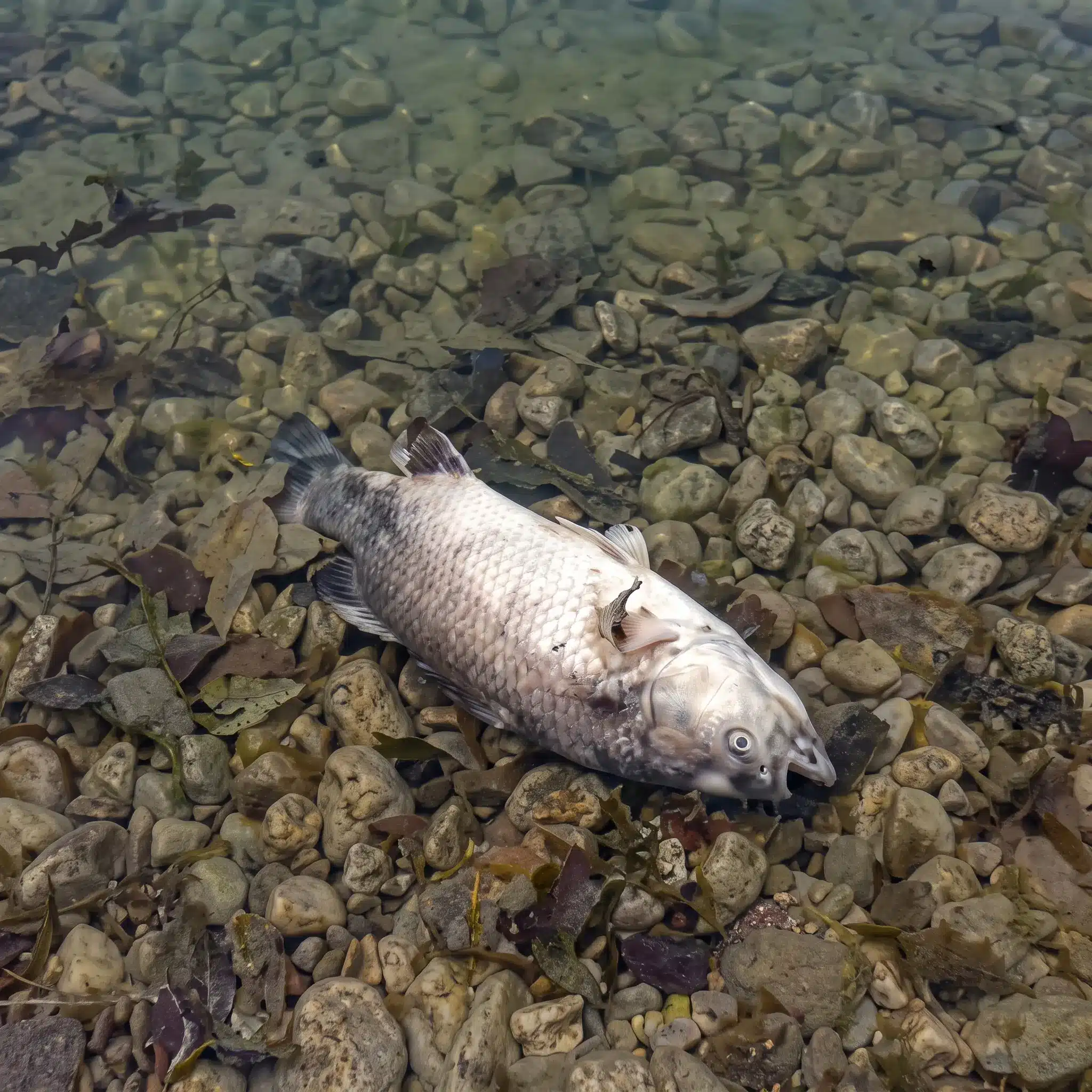 A dead fish lies on its side among rocks and leaves in shallow, clear water.