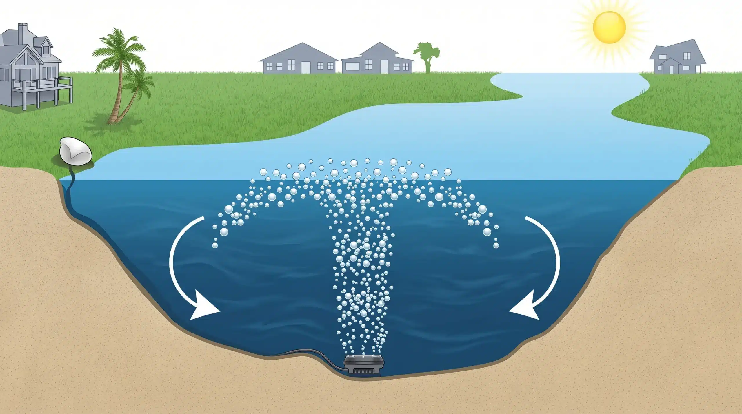 Diagram of a lake with an aeration system creating bubbles and circulating water, indicated by white arrows, near houses, a river, a tree, and the sun.
