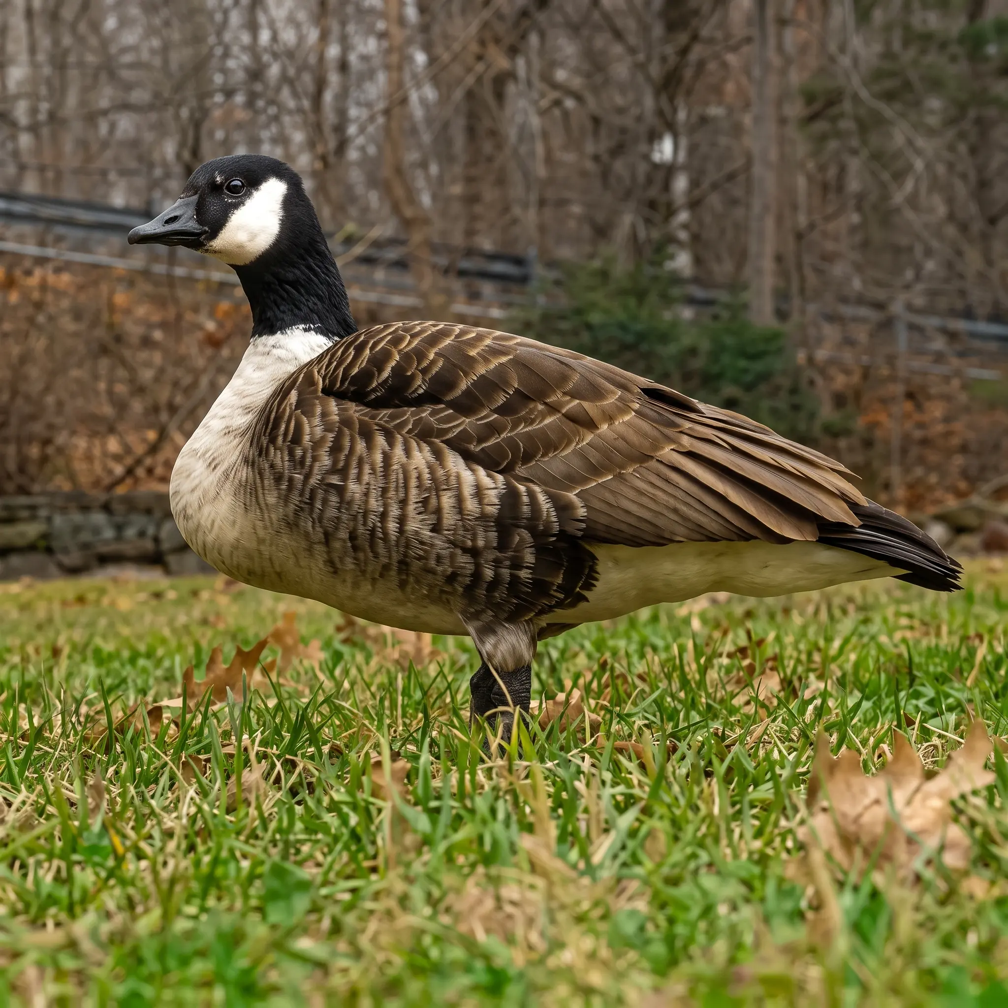 A Canada goose stands on green grass with some fallen leaves, trees and fencing visible in the blurry background.
