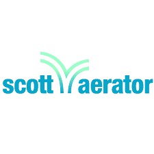Blue text logo reads “scott aerator” with three light green curved lines above, resembling water streams or sprays.