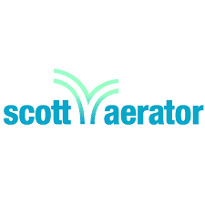 Scott Aerator logo with blue text and three light green curved lines above, suggesting the shape of water streams or fountains.