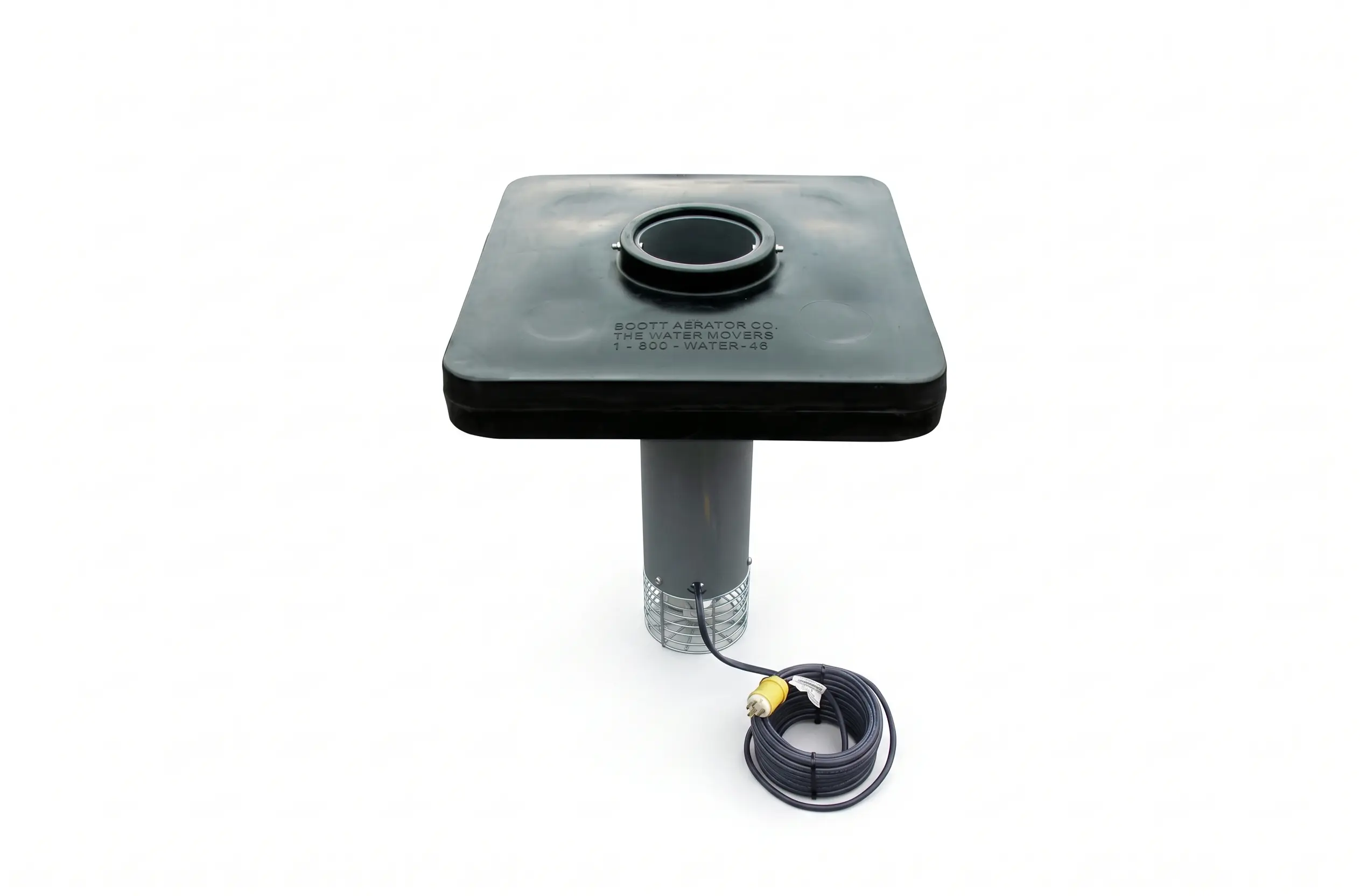 Black plastic aerator with a square top, cylindrical base, and attached power cord against a white background.