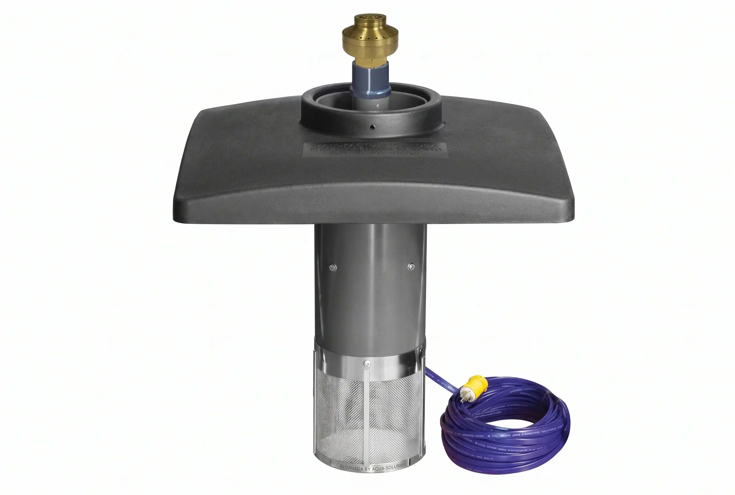 Black and gray water pump with a square top, brass connector, mesh filter at the base, and a coiled blue electrical cord with a yellow plug, shown on a white background.