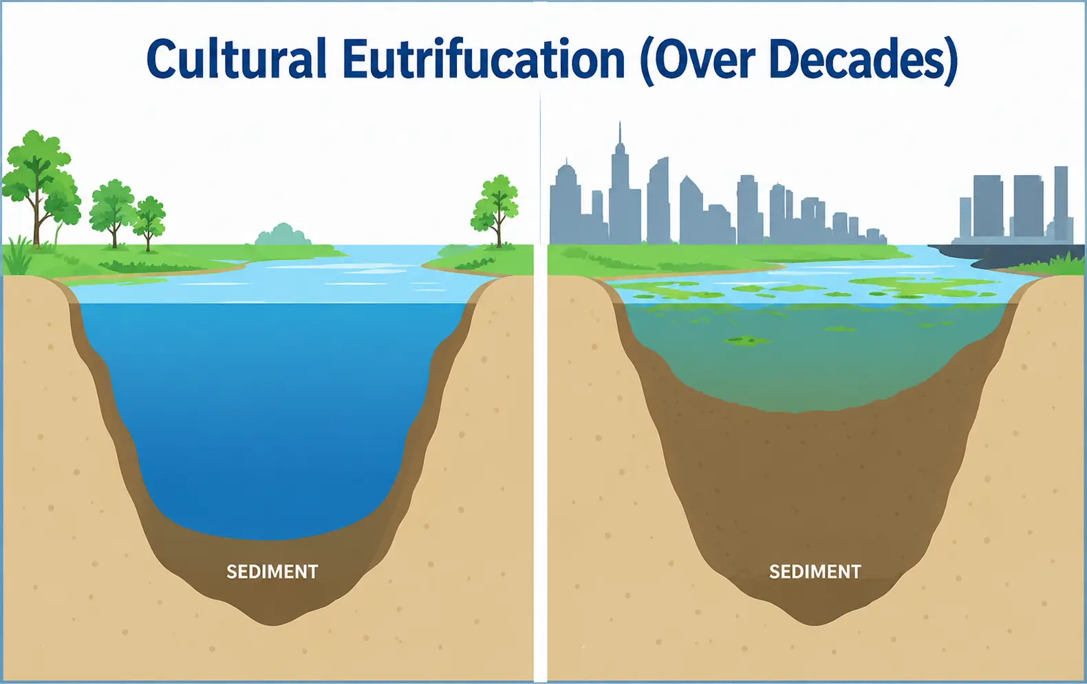 Side-by-side illustration showing a lake before and after eutrophication, with clear water on the left and shallow, algae-filled water near a city on the right.