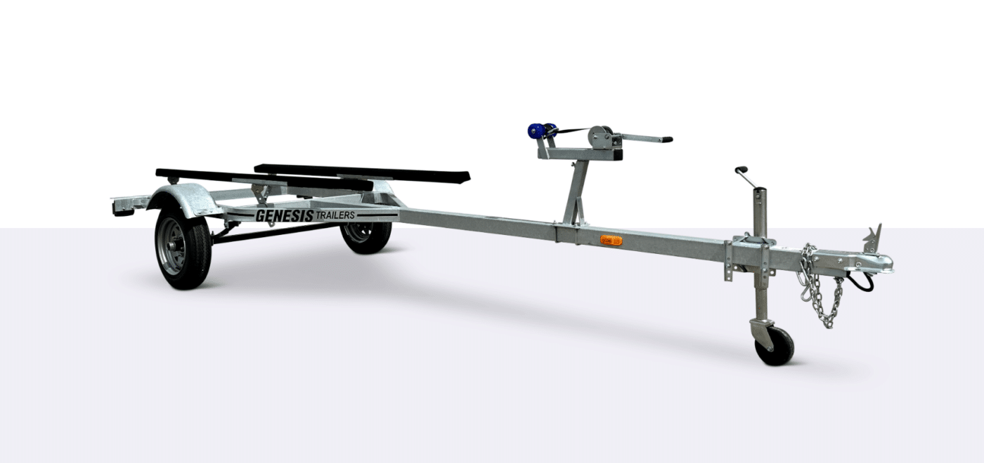 A single-axle boat trailer with a winch, support rails, and a front wheel jack, shown on a white background.