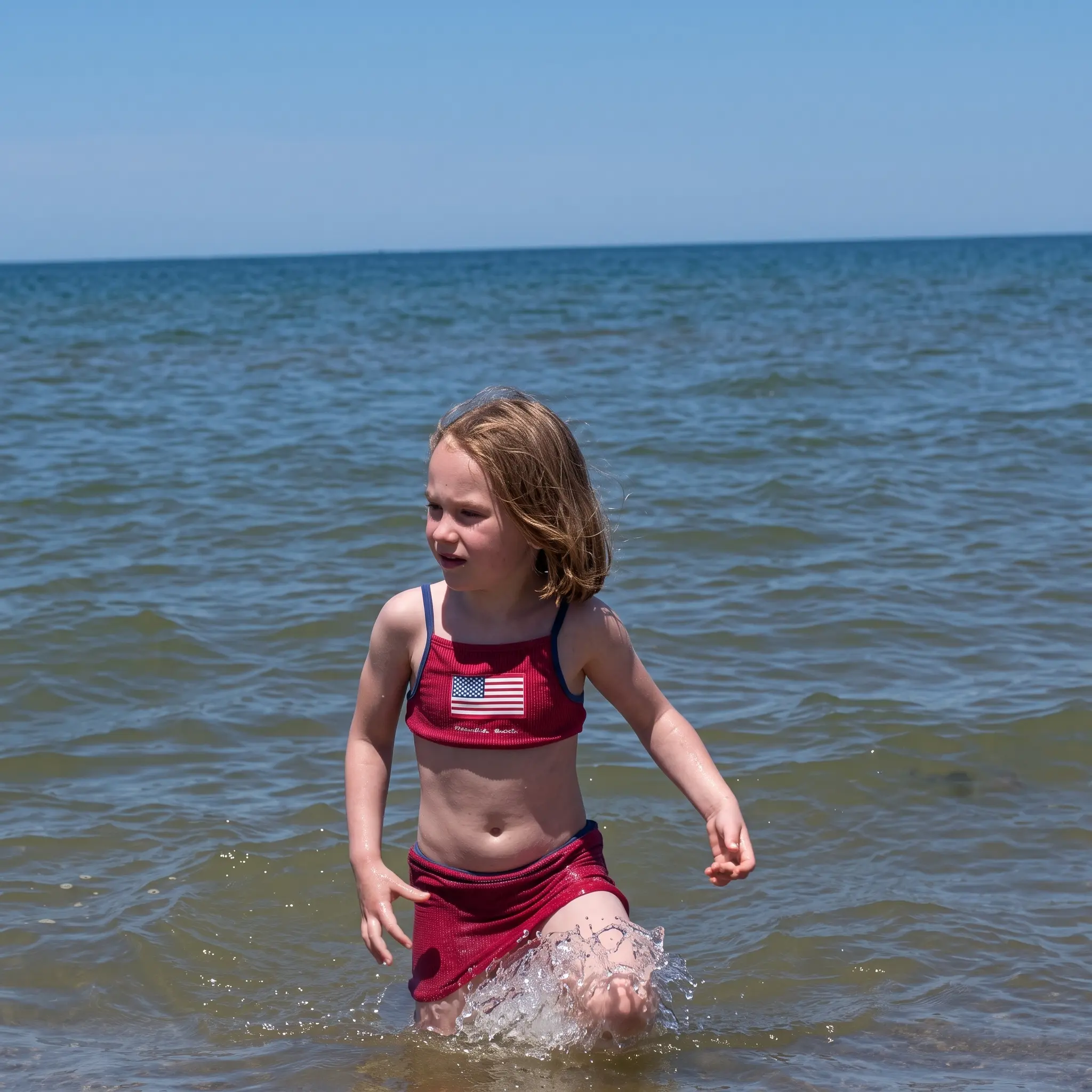 Young girl in a red swimsuit with an American flag design walks out of the ocean on a sunny day, splashing water around her.