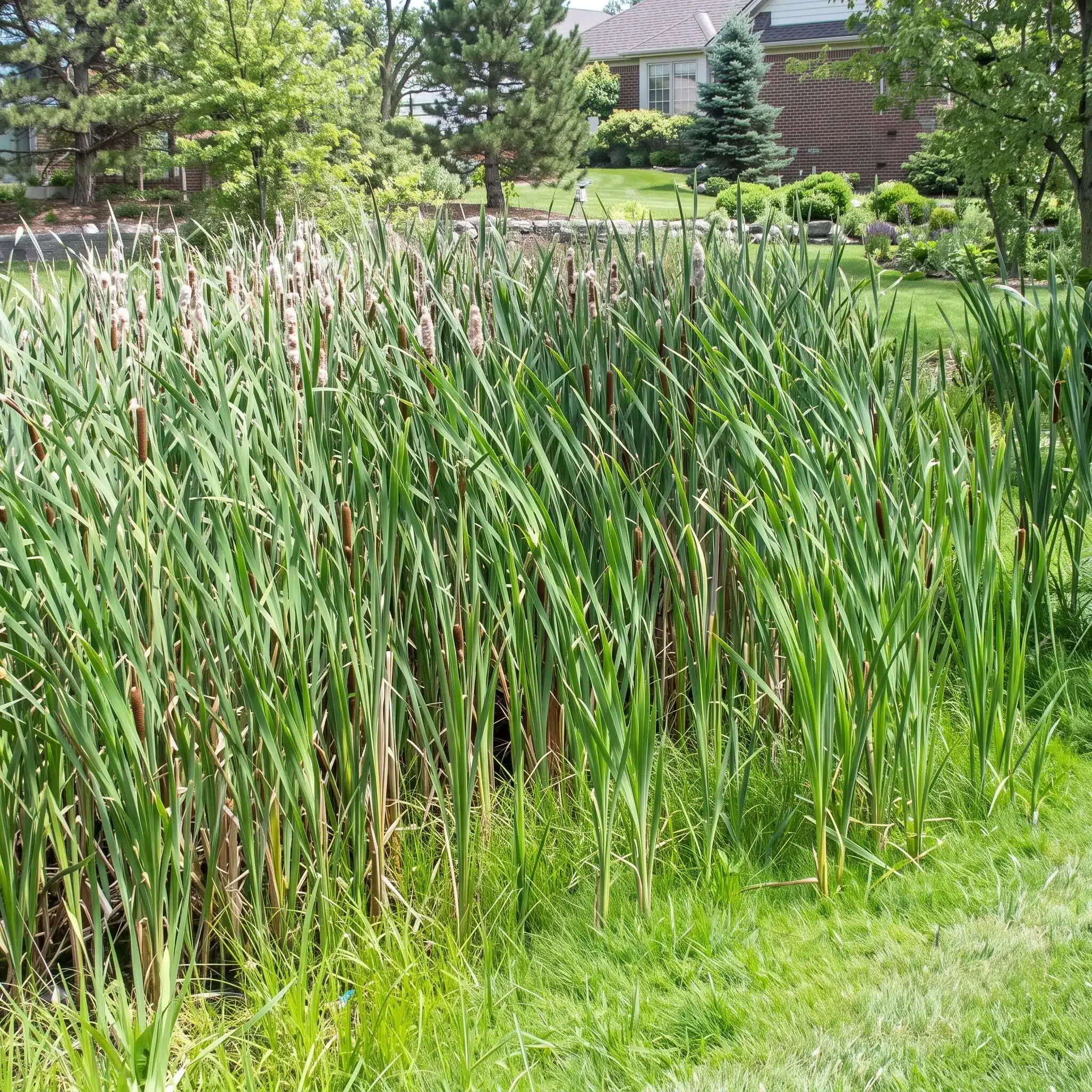 Dense cluster of tall green cattails growing in a grassy area, with trees and a brick house visible in the background.
