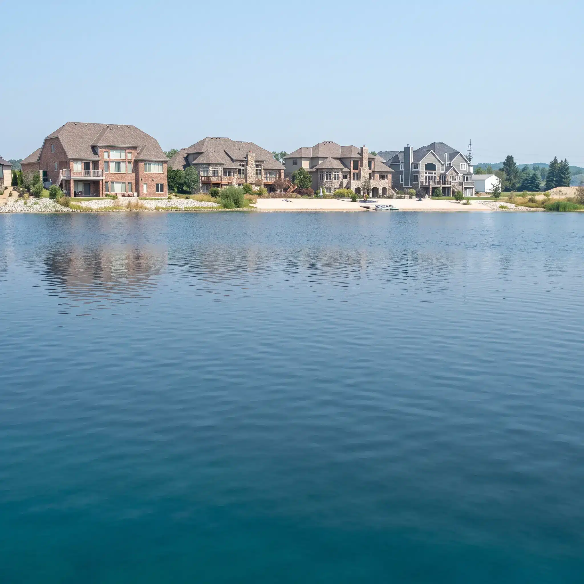 Several large houses line a calm, clear lake shore under a blue sky, with reflections visible on the water’s surface.