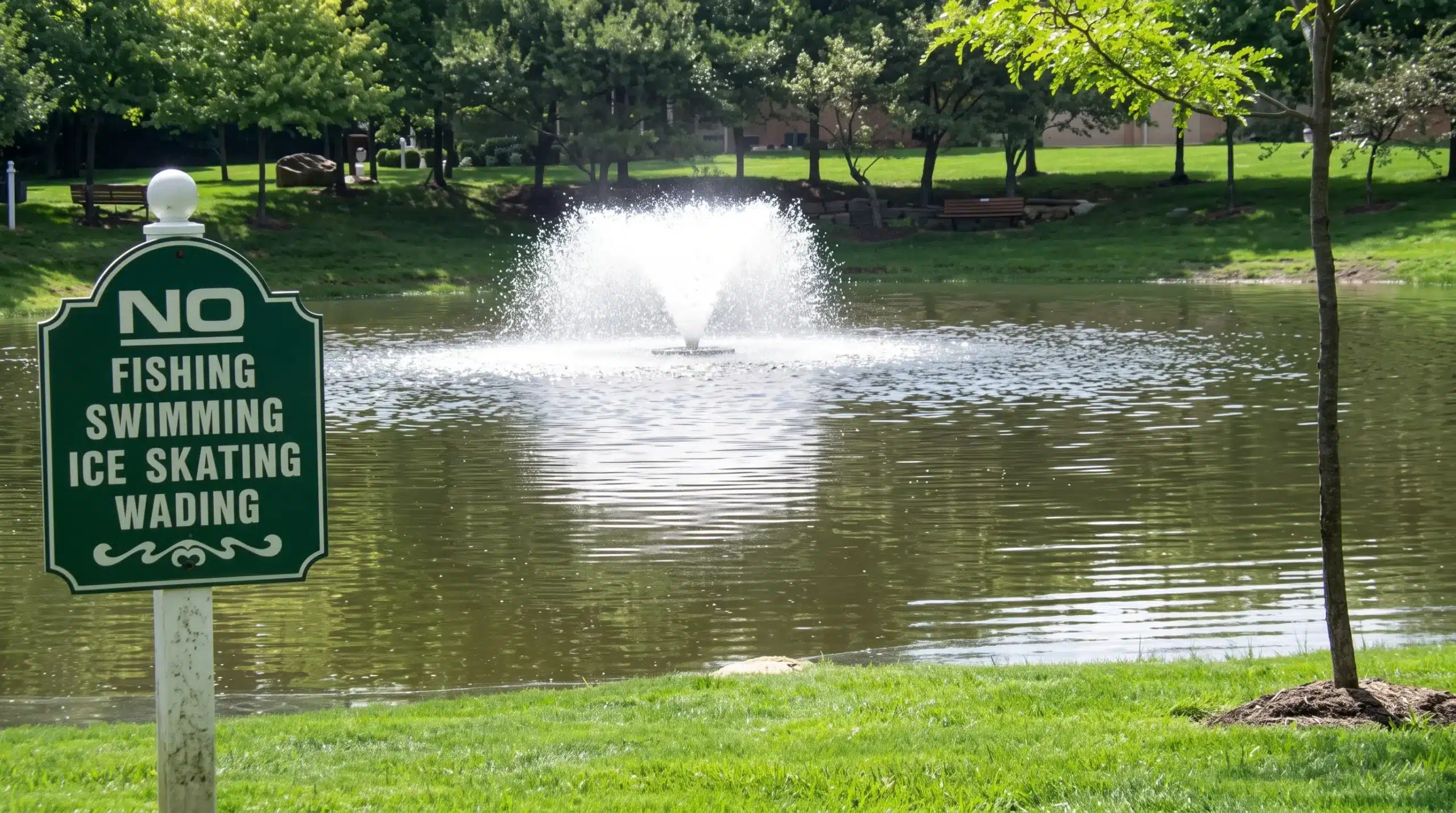 A pond with a fountain in the center, surrounded by grass and trees. A sign in the foreground prohibits fishing, swimming, ice skating, and wading.