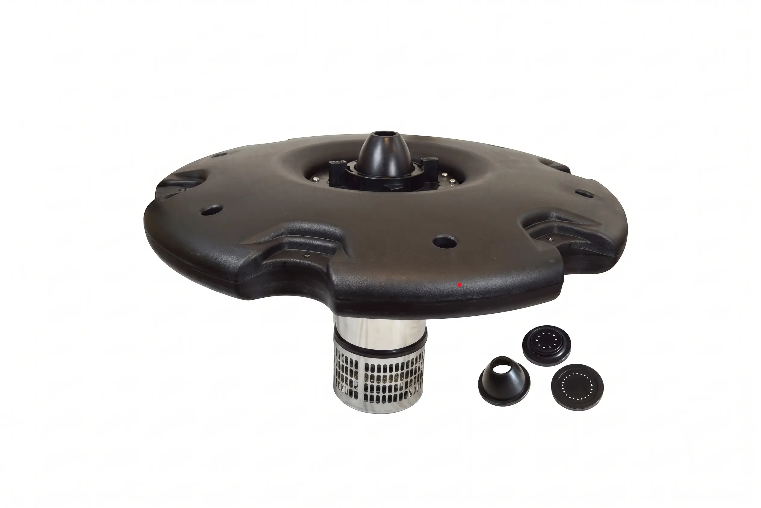 Black circular irrigation water filter with a metal mesh base and three interchangeable nozzle attachments on a white background.