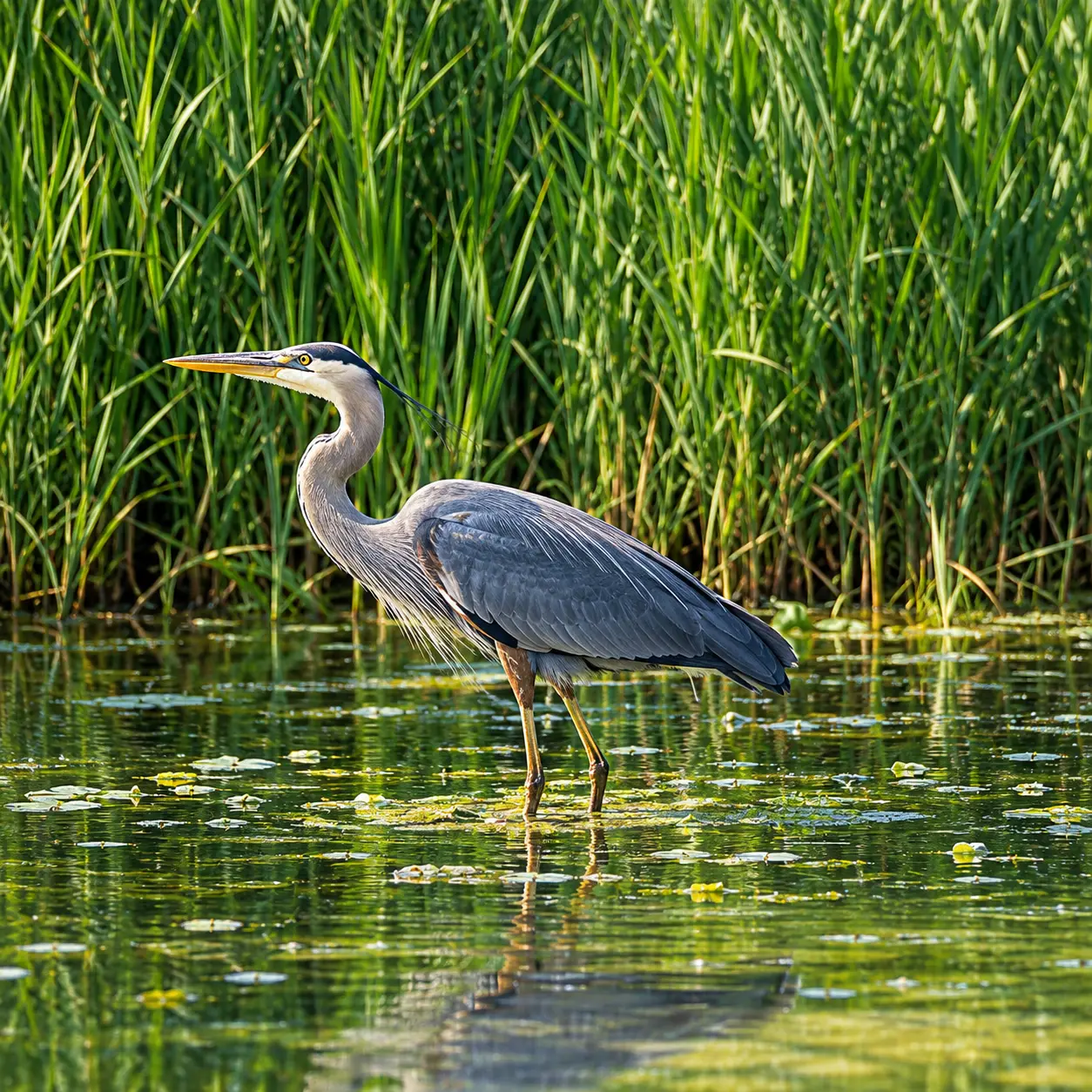 A great blue heron stands in shallow water surrounded by tall green reeds, with lily pads floating on the surface.