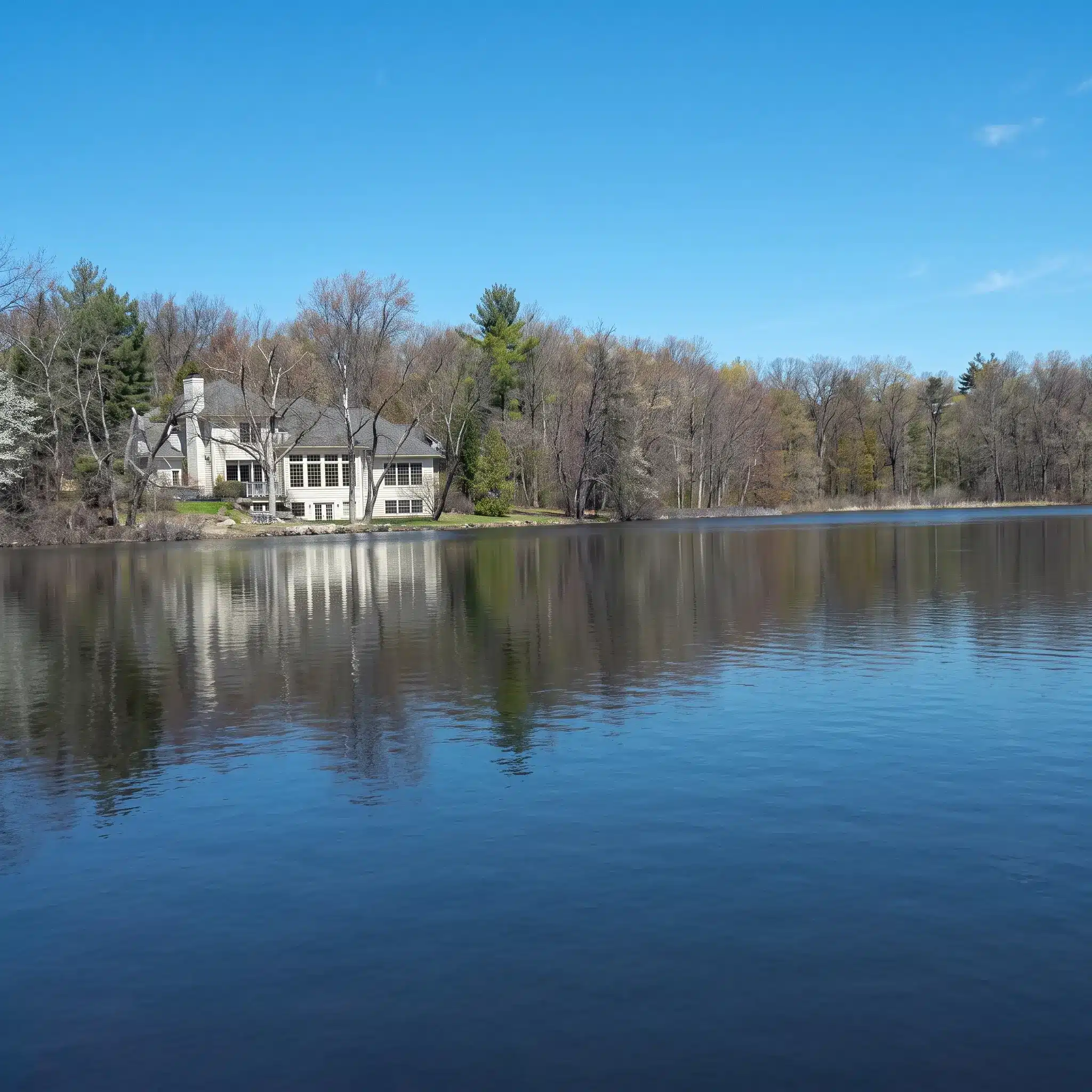 A house is situated on the edge of a calm lake, surrounded by trees with bare and sparse foliage, under a clear blue sky.