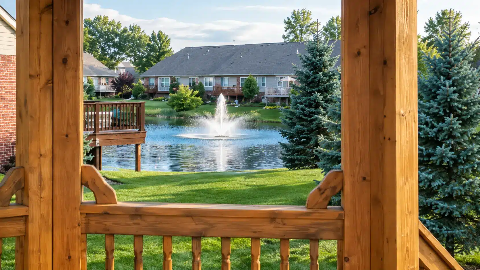 View from a wooden porch overlooking a pond with a fountain, green lawn, evergreen trees, and residential houses in the background under a partly cloudy sky.